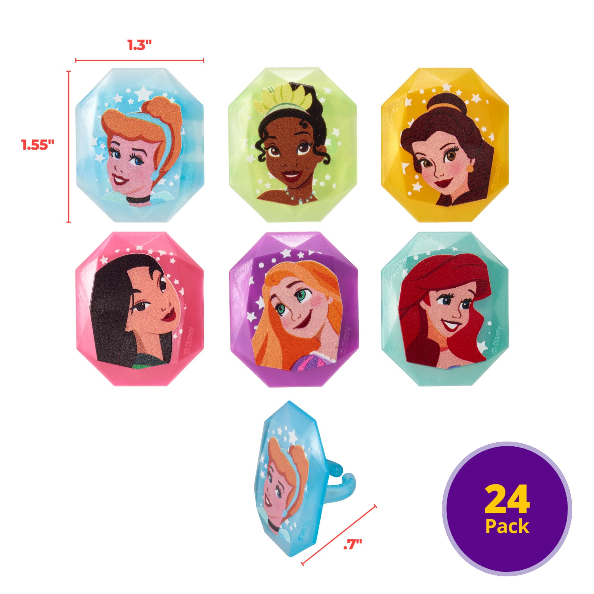 DecoPac Disney Princess Gemstone Rings  Cupcake Decorations Featuring Mulan  Cinderella  Tiana  Belle  Rapunzel and Ariel  Multicolored 3D Food Safe Cake Toppers - 24 Pack