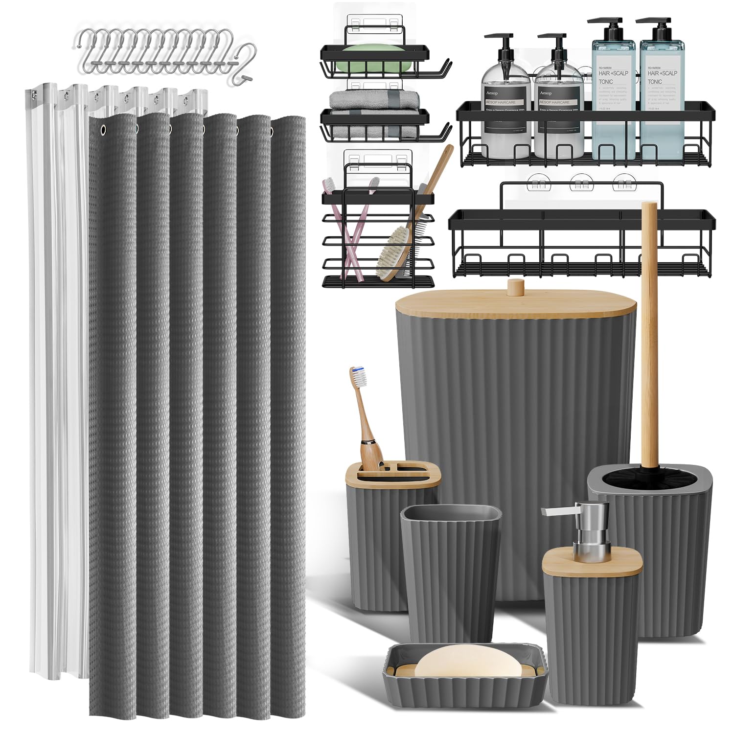 Clara Clark Bathroom Accessories Set - Bathroom Set with Adhesive Corner Shower Caddy Hanging, 25PC Bathroom Accessory Set, Grey