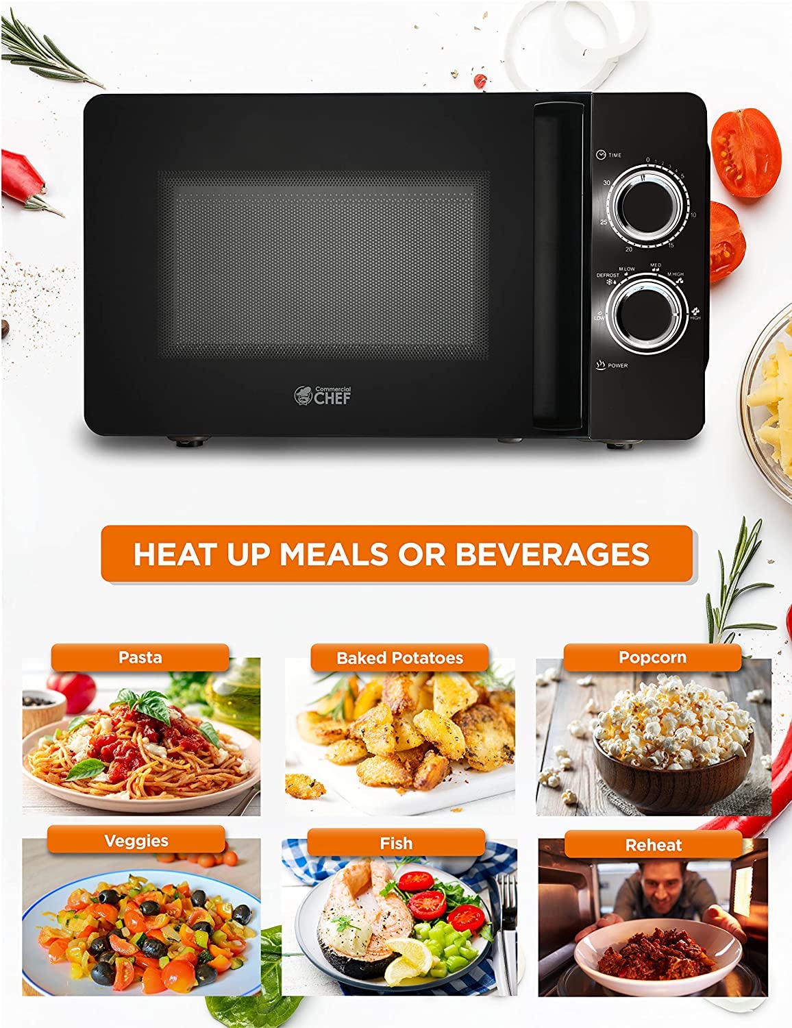 Commercial Chef Black Microwave 0.7 Cu. Ft. With Rotary Switch Knob, 700W Countertop Small Microwave With Microwave Turntable Pl