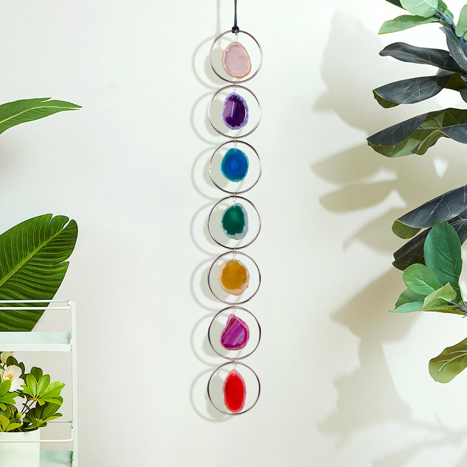 Agate Slices Wall Art - 7 Inch Natural Healing Crystal Gemstone Suncatcher for Window, Round Hanging Decor for Indoor Outdoor Ho