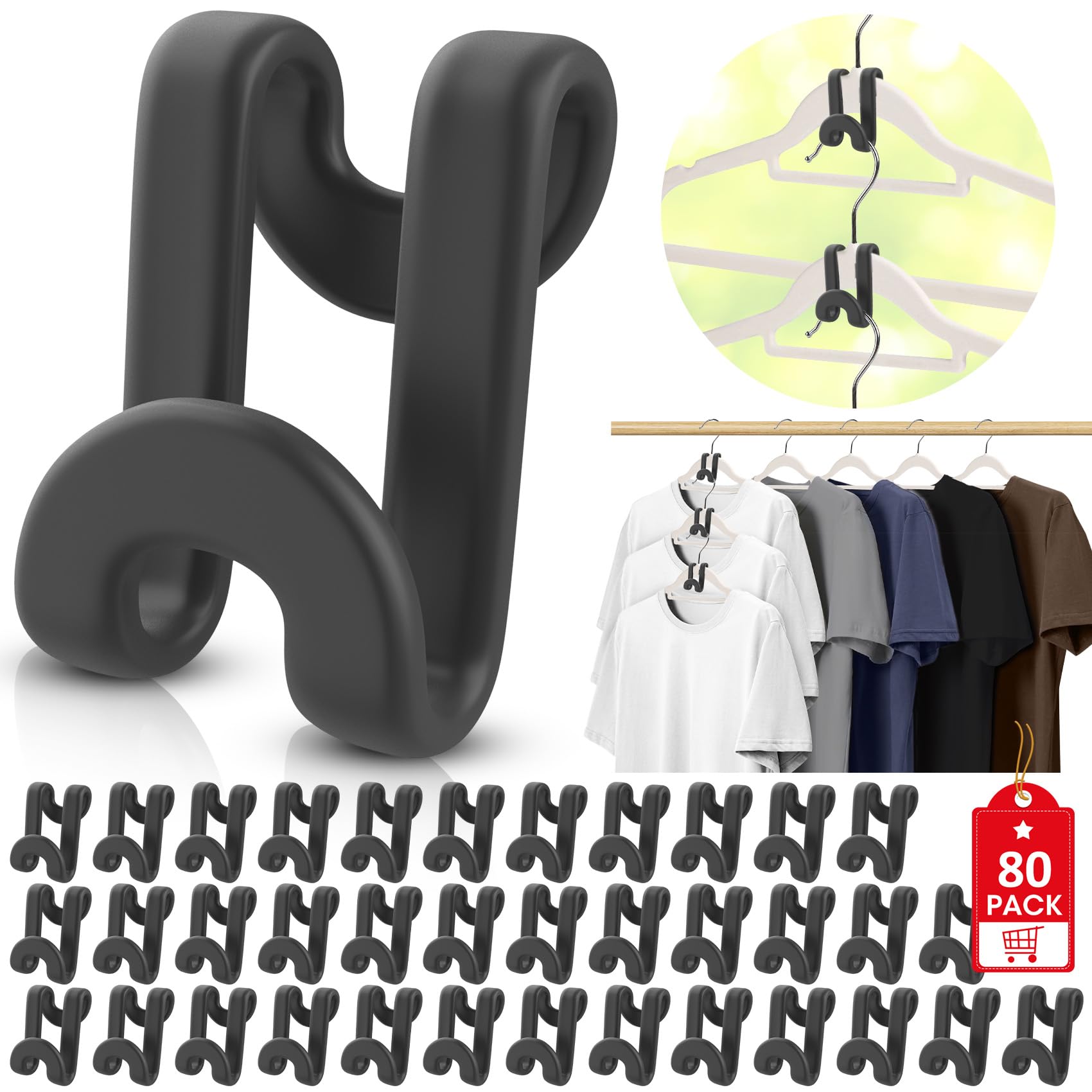 Besslly 80Pcs Clothes Hanger Connector Hooks, Plastic Space Saving Heavy Duty Hanger Extender Clips For Closet Organizers, Black
