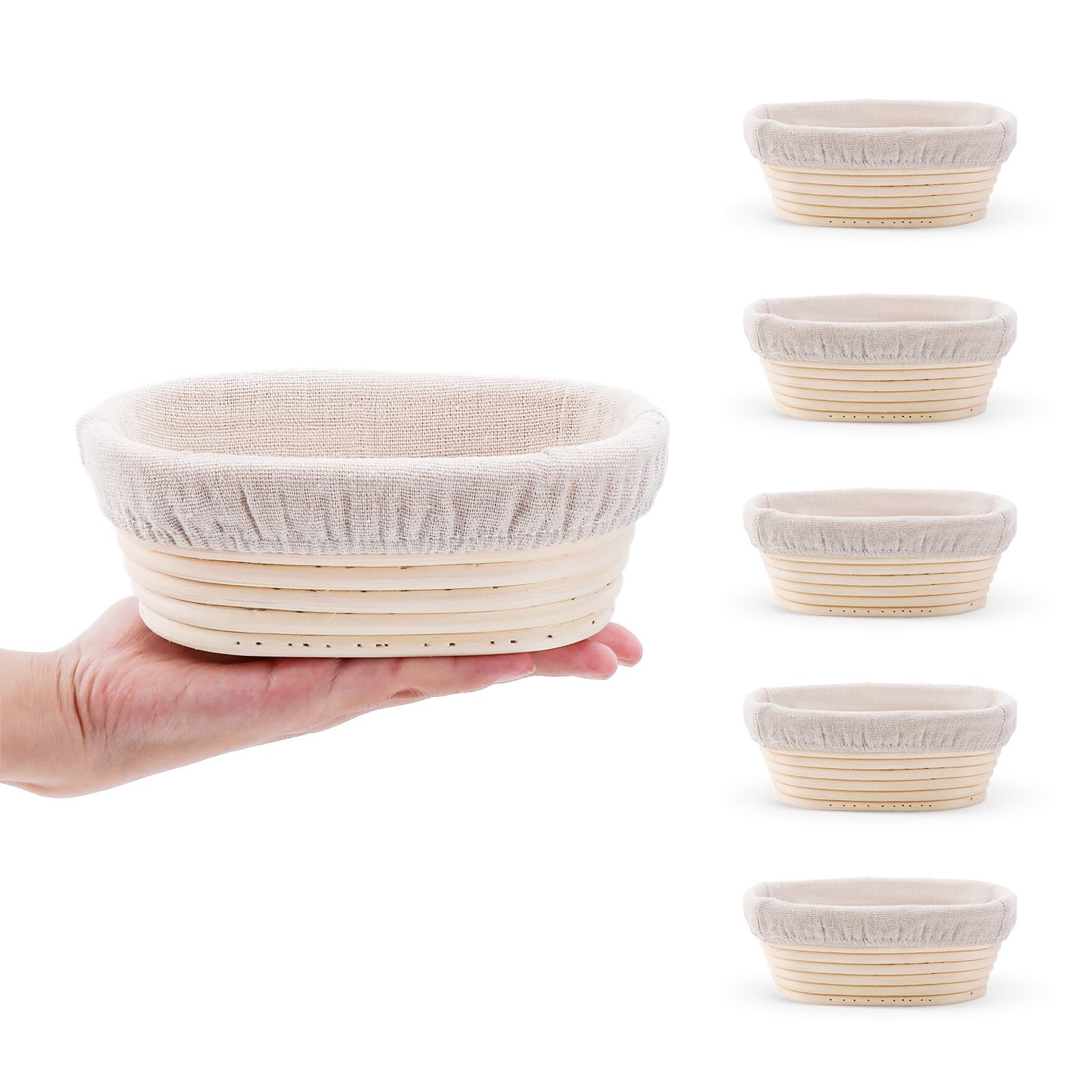 DOYOLLA Mini Oval Proofing Set (6.5inch, set of 5), Sourdough Proofing Baskets Bread Dough Rising Bowls w/Liners for Home Sourdo