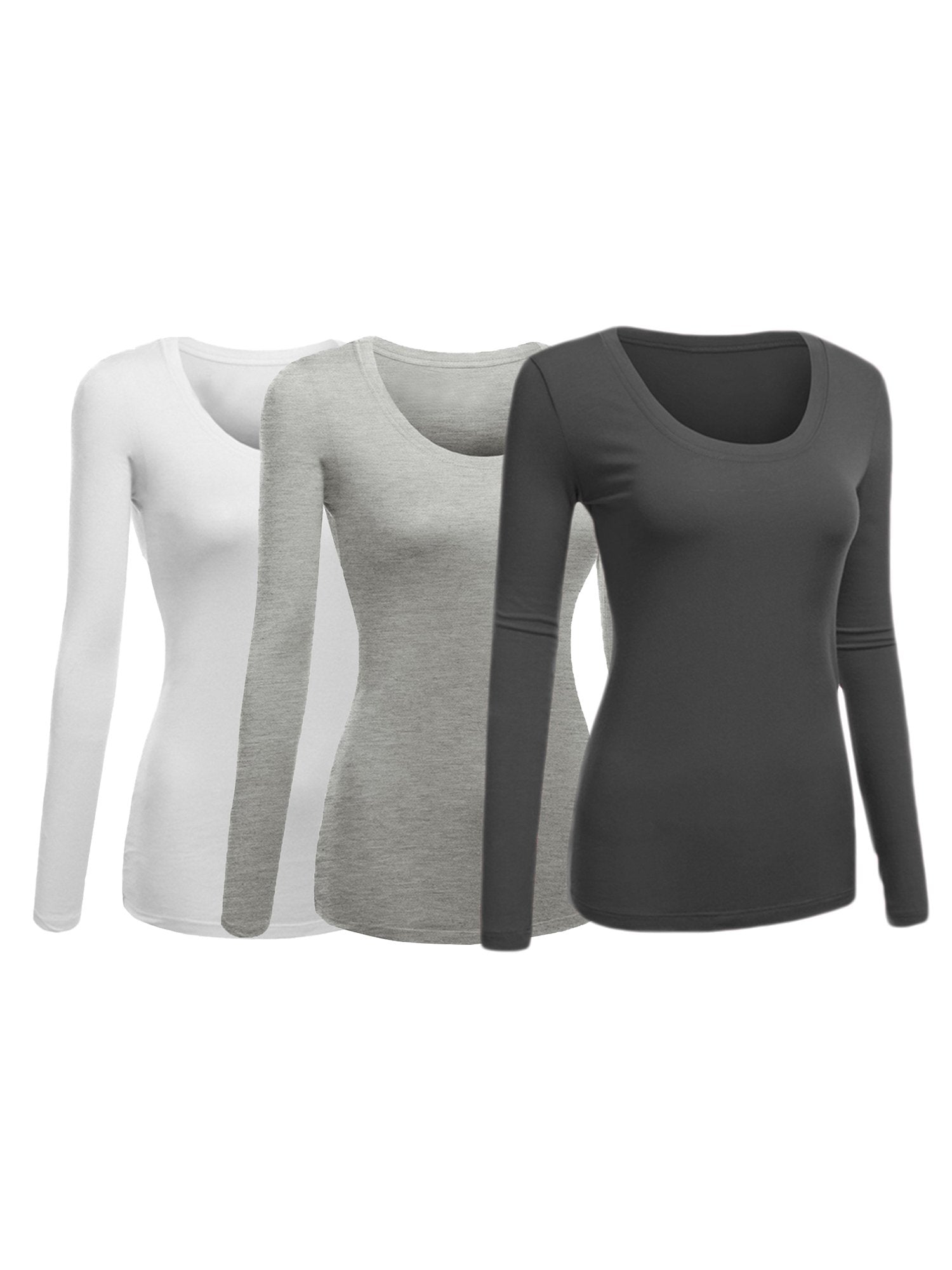 Emmalise Womens Junior And Plus Size Basic Scoop Neck Tshirt Long Sleeve Tee, 1Xl, 3Pk White, Hgray, Charcoal