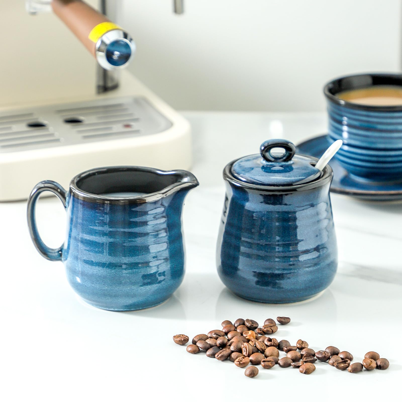 Glowworm Porcelain Sugar And Creamer Set, 11 Ounce Sugar Bowl,10 Ounce Cream Pitcher, Sugar Set With Lid & Spoon, Coffee Serving