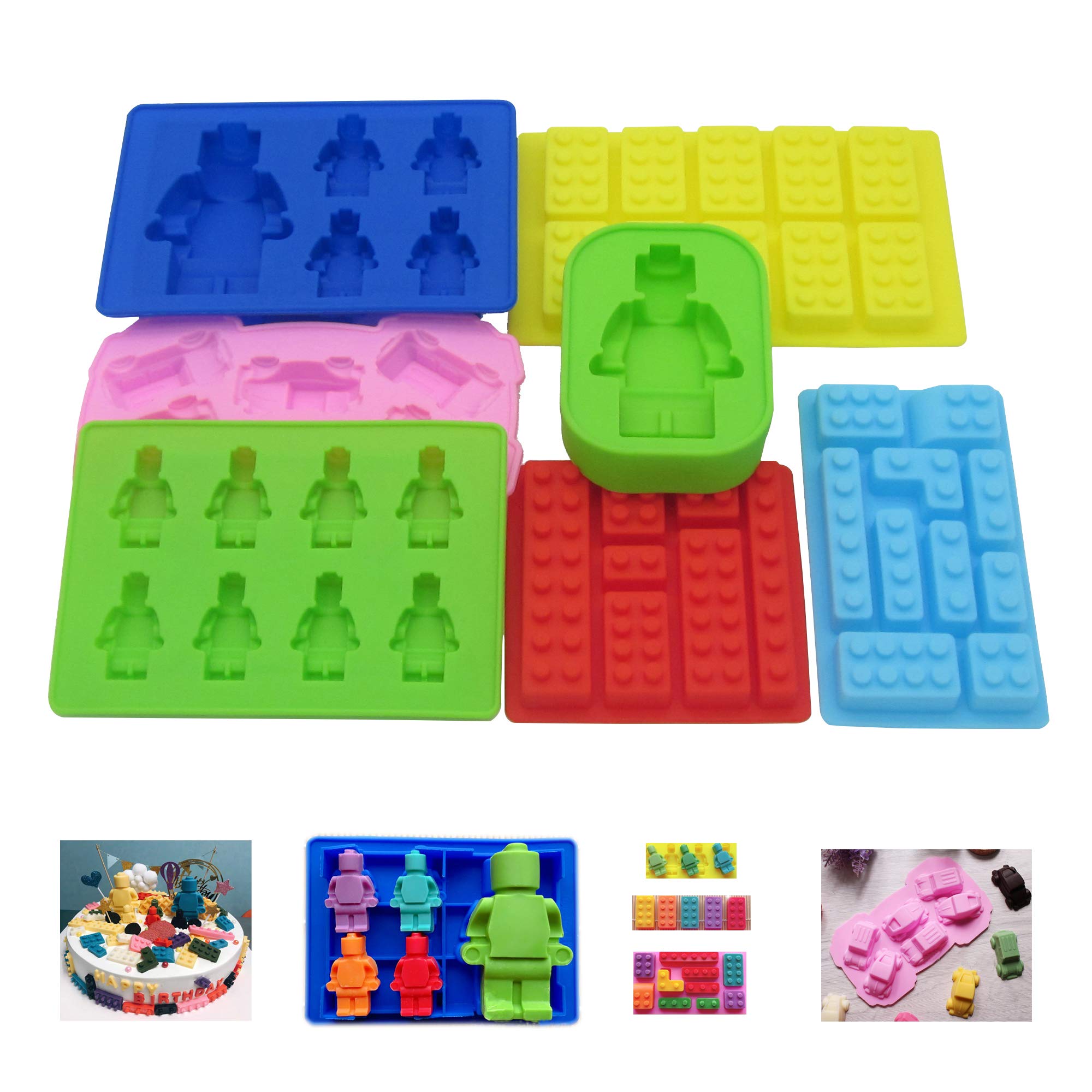 Nuoda Chocolate Candy Silicone Mold  Building Blocks Ice Tray  Robots and Cars Fondant Mold with Children Party Drawstring Gift Bag-Easy to Use and Clean