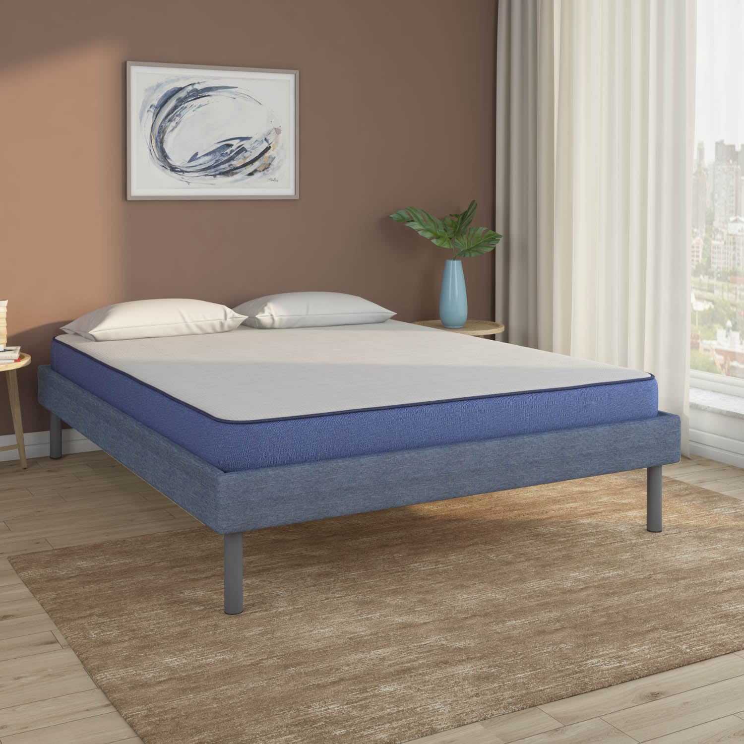 Nilkamal Sleep King Size Velvette Upholstered Bed with Plus Memory Foam Mattress (Blue, 78x72x6)