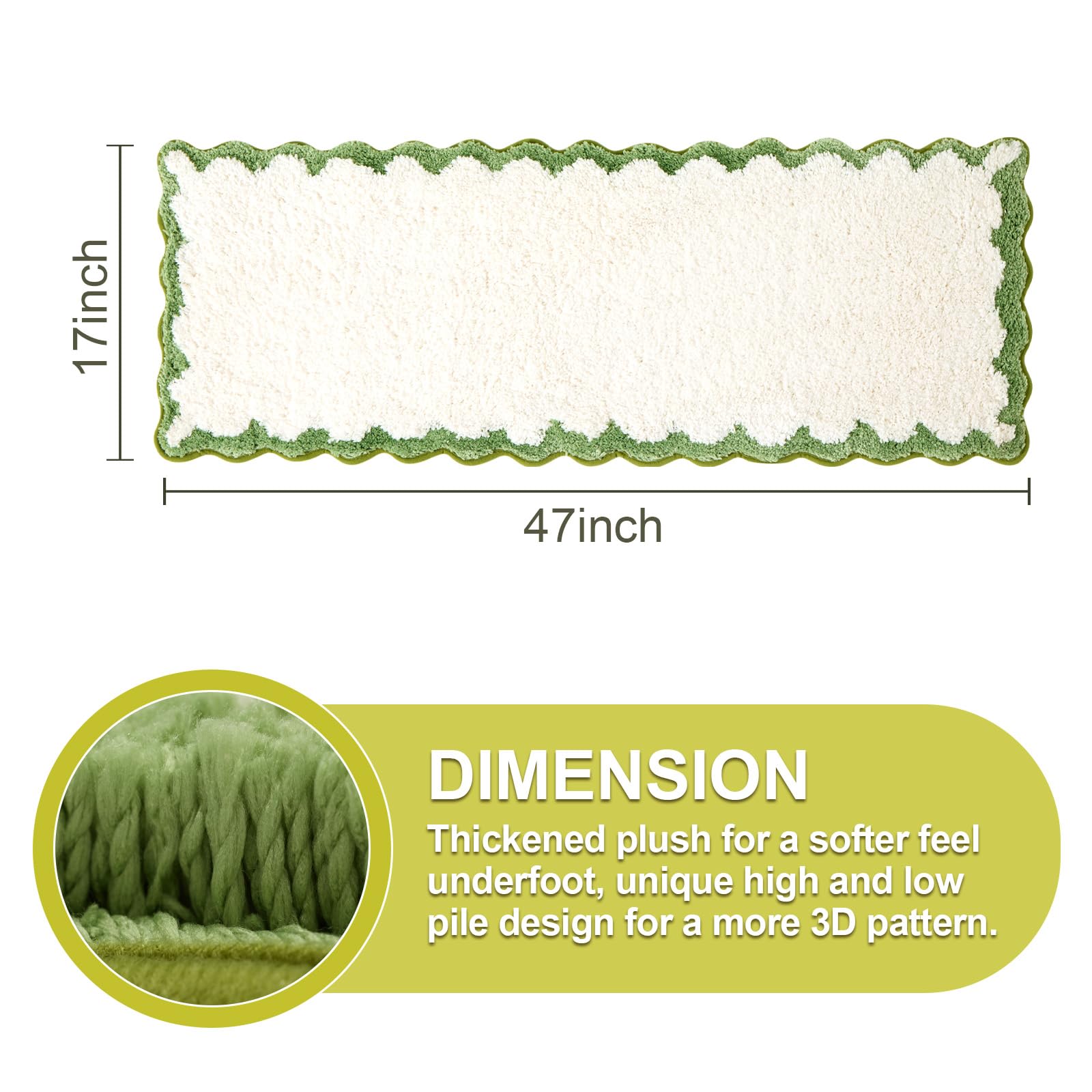 Ortigia Long Cute Scalloped Bathroom Rugs Runner, Fun White And Green Plush Microfiber Scallop Bath Mats Non Slip Washable Quick