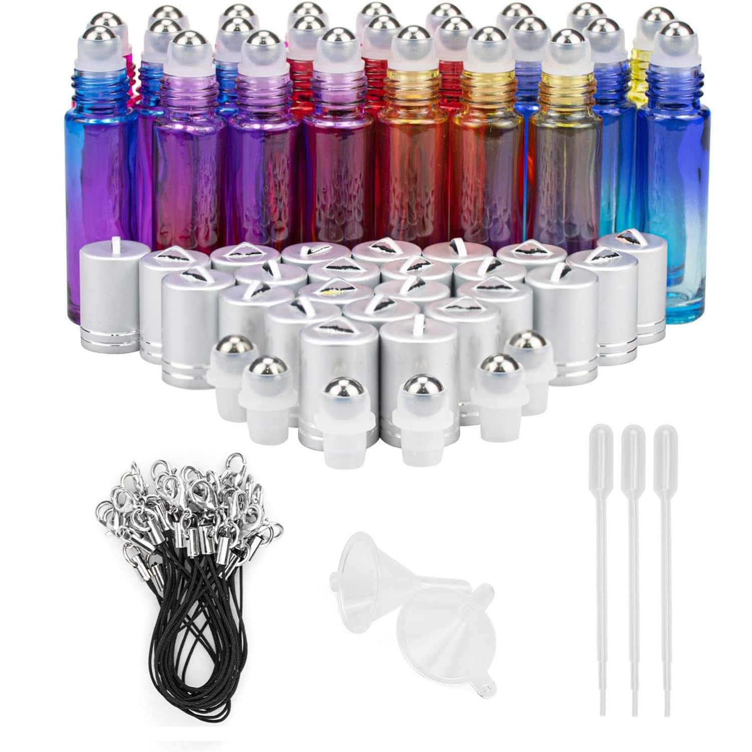 Foraineam 24 Pack 10ml Roller Bottles Gradient Color Glass Essential Oil Roller Bottle with Stainless Steel Roller Ball and Silver Hanging Lid