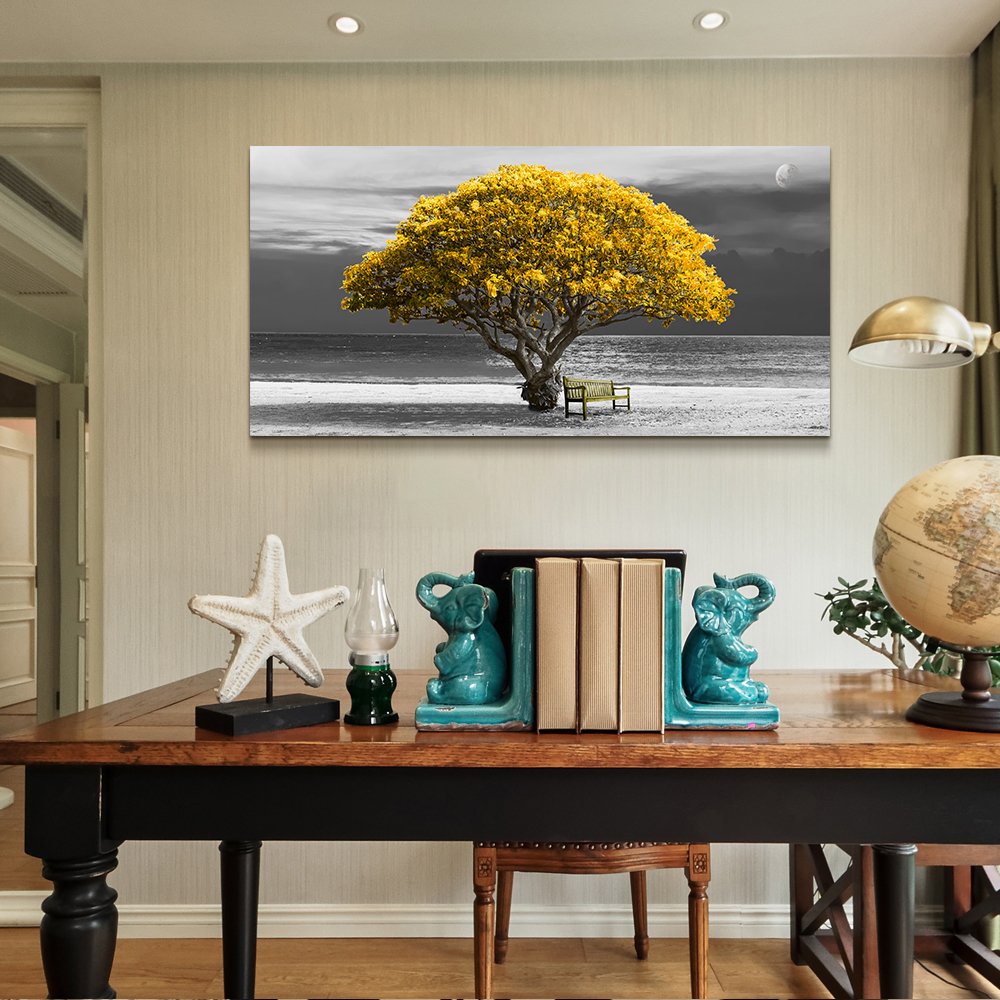 Wall Art For Living Room Decorations Photo Prints - Panoramic Black And White With Yellow Trees The Moon Scenery - Modern Home D