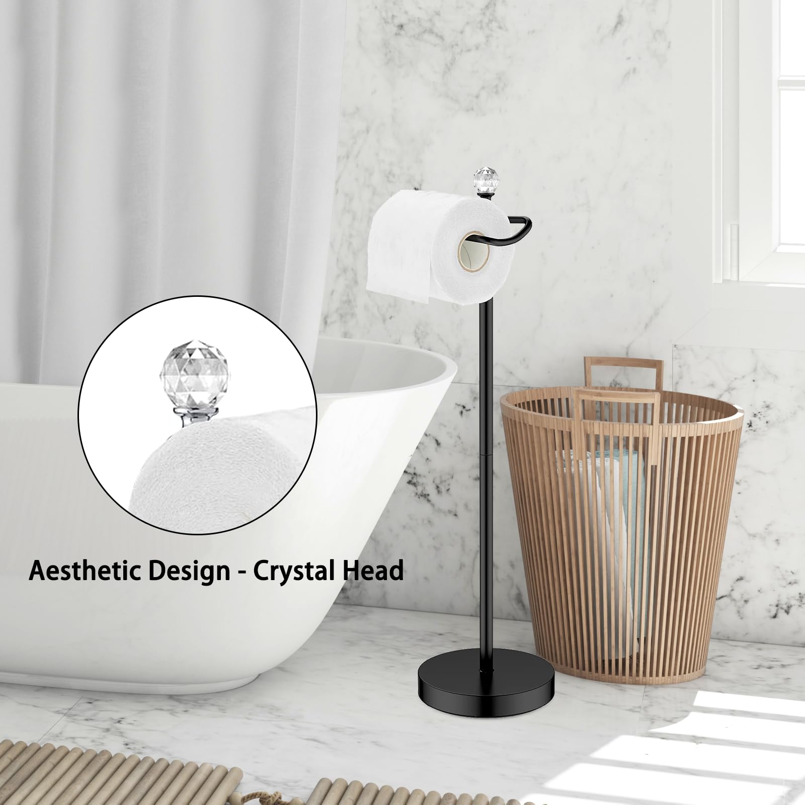 ROLABAM Heavy Weighted Toilet Paper Holder (with Reserve Function) Free Standing Toilet Paper Holder Stand for Bathroom Total Height 24.4'' with Crystal Ball Matte Black Finished
