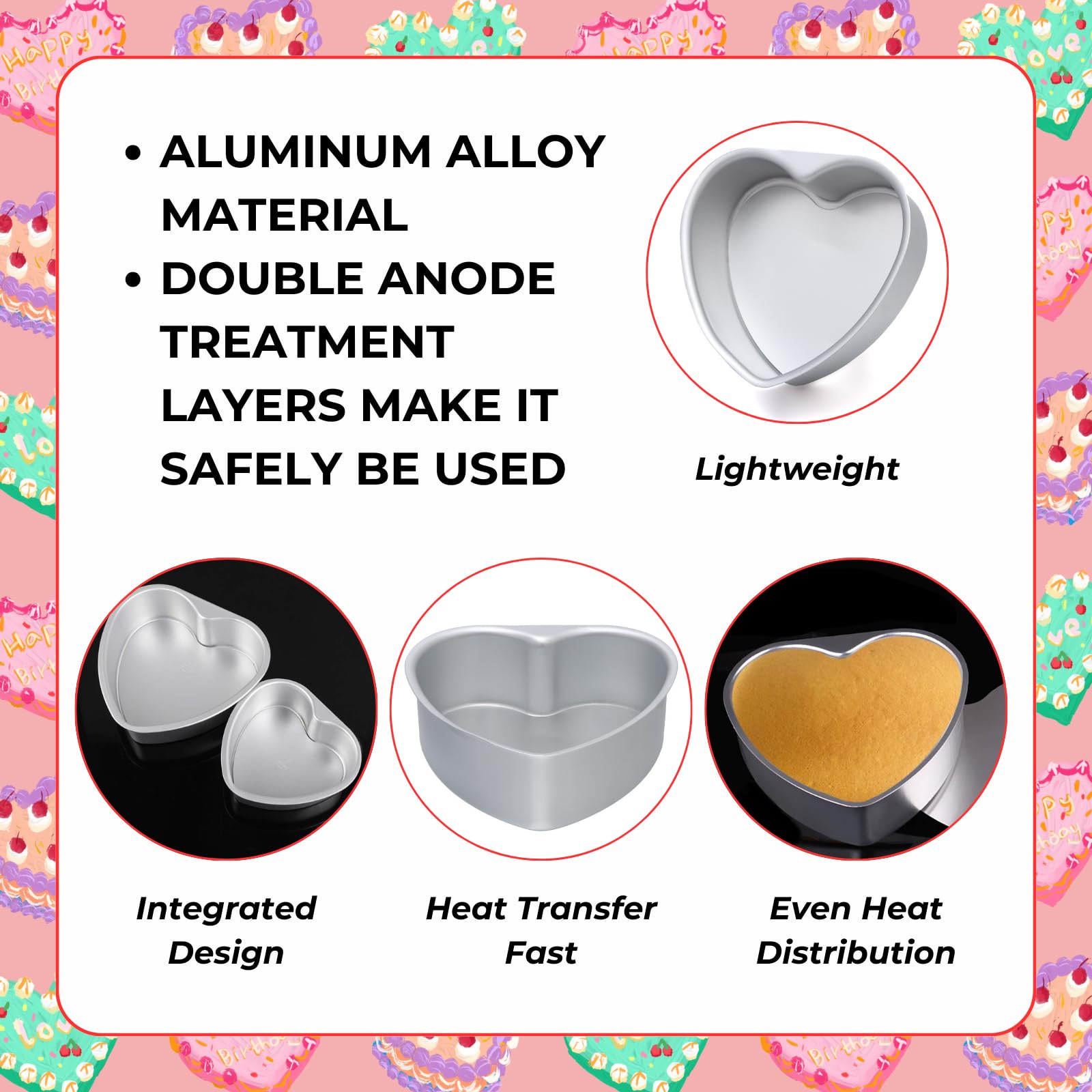 Beyonday 2Pcs Heart Shaped Cake Pan With Removable Bottom, 6 Inch & 8 Inch Aluminum Alloy Cake Trays For Birthday Party Wedding