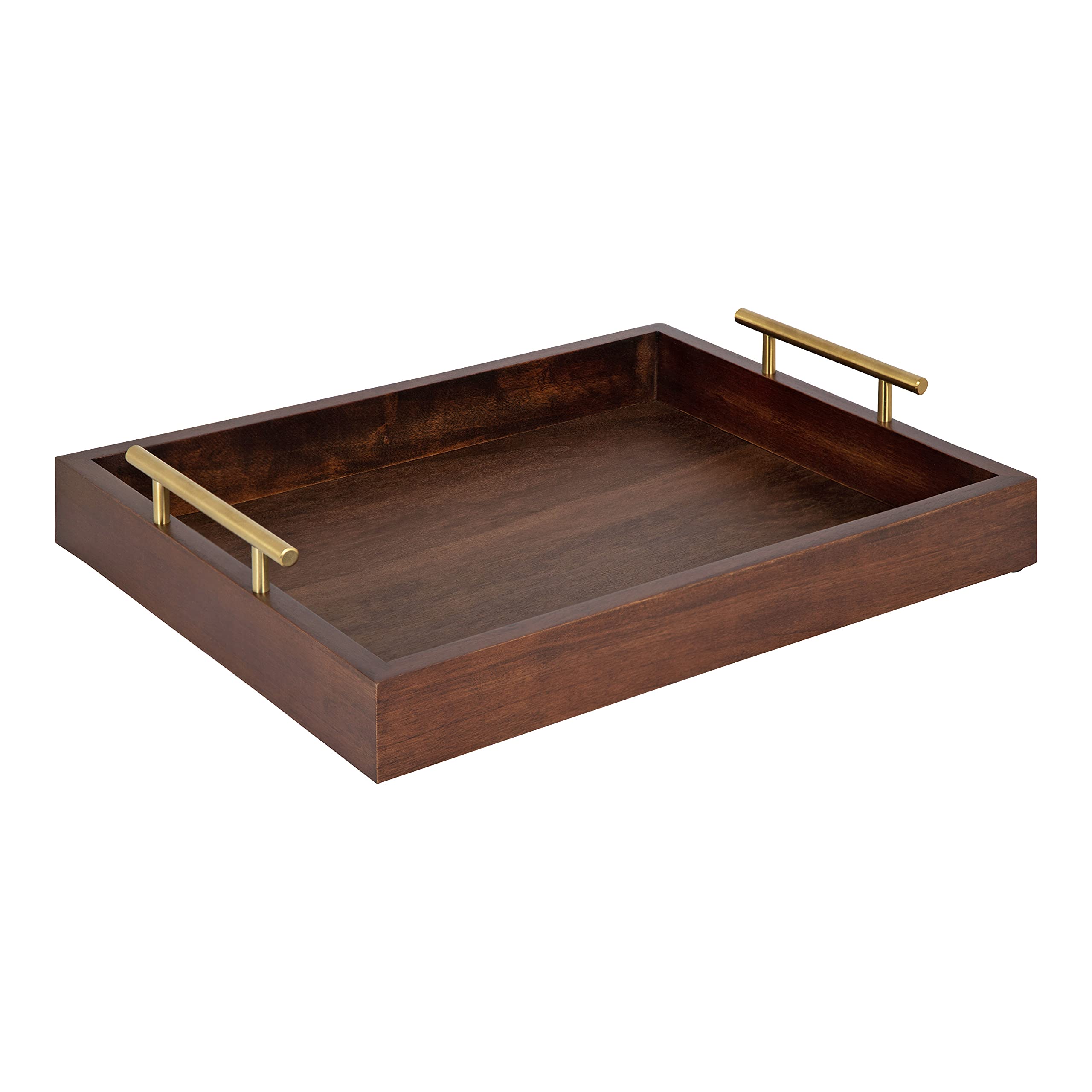 Kate and Laurel Lipton Decorative Wooden Tray with Metal Gold Handles, 16.5 x 12.25, Dark Walnut Brown and Gold