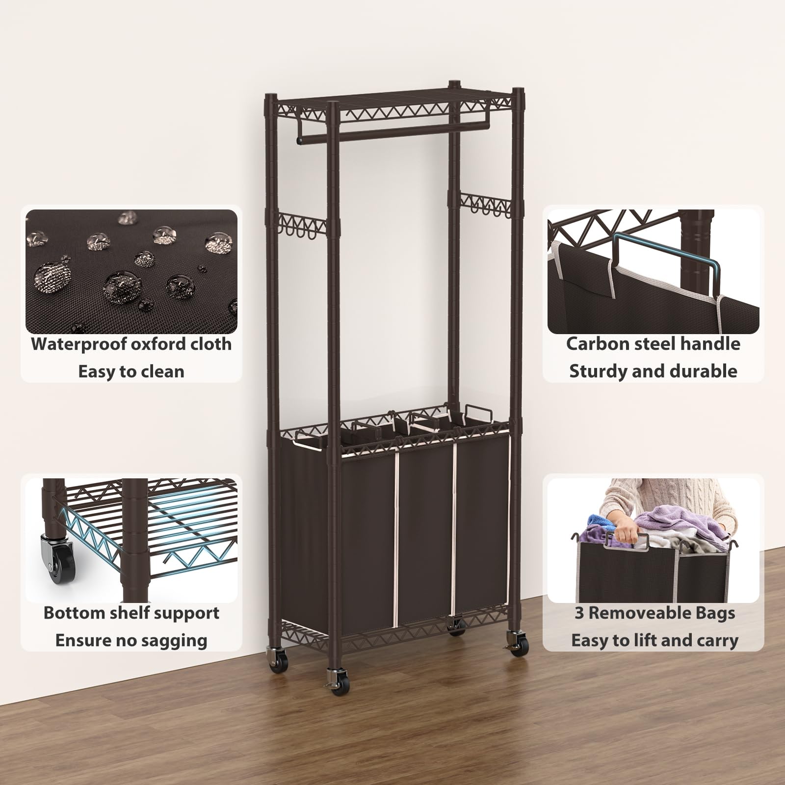 Hodonas Laundry Sorter 3 Section With Hanging Bar, Rolling Laundry Hamper Cart 3-Bag Laundry Basket Organizer Sorter With Hangin