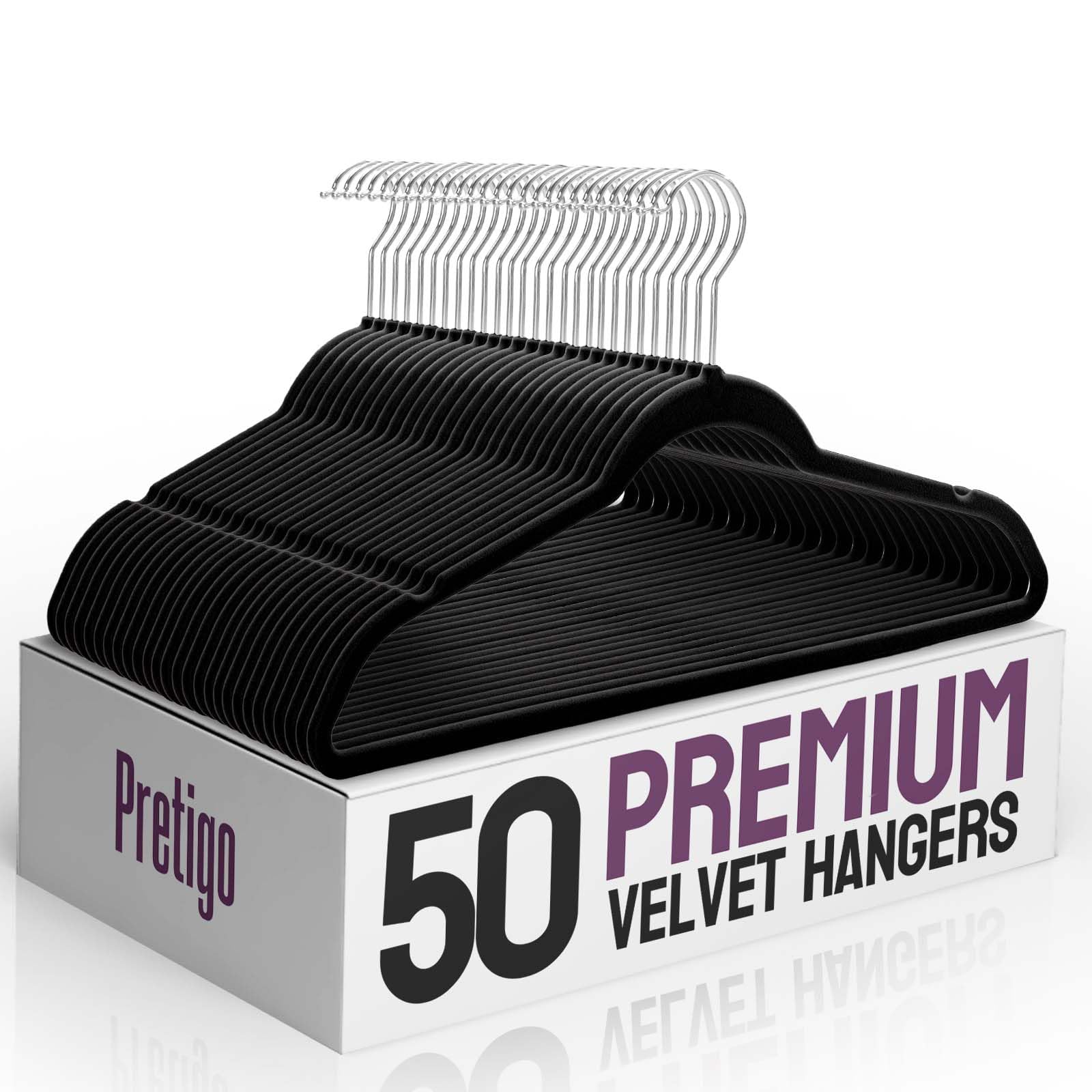 Pretigo Premium Velvet Hangers 50 Pack, Non-Slip Clothes Hangers Black, Space-Saving Velvet Clothes Hangers For Coats, Pants & D