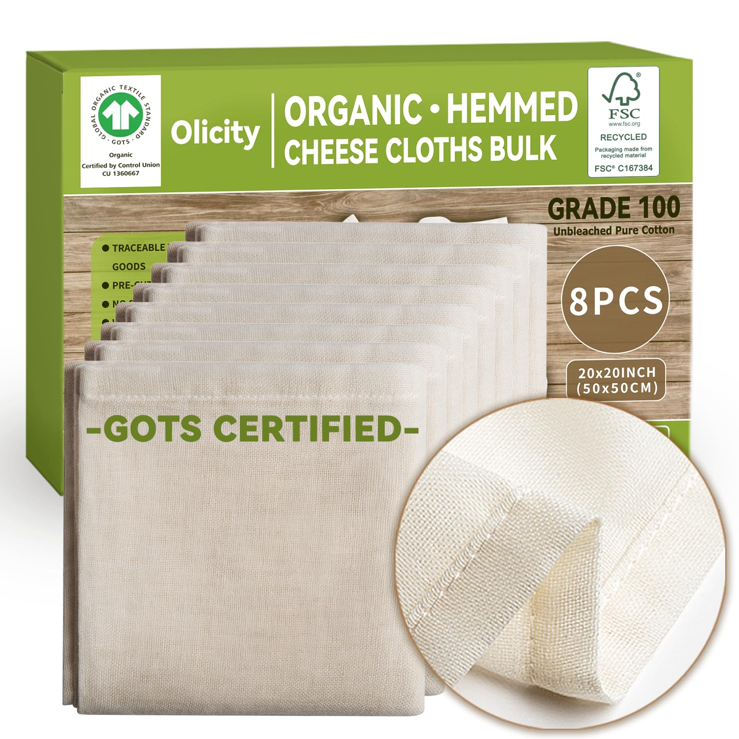Organic Cheese Cloths, GOTS Certified, 8PCS, Grade 100, 20x20Inch Hemmed Cheese Cloth Fabric Reusable Fine Mesh Cloth, 100% Cott