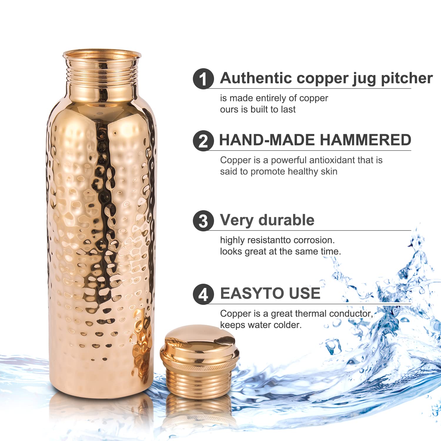 Copper Water Bottle With Jute Bag - 34 Oz Extra Large, Pure Copper Vessel For Drinking - Drink More Water - Copper Bottle For He