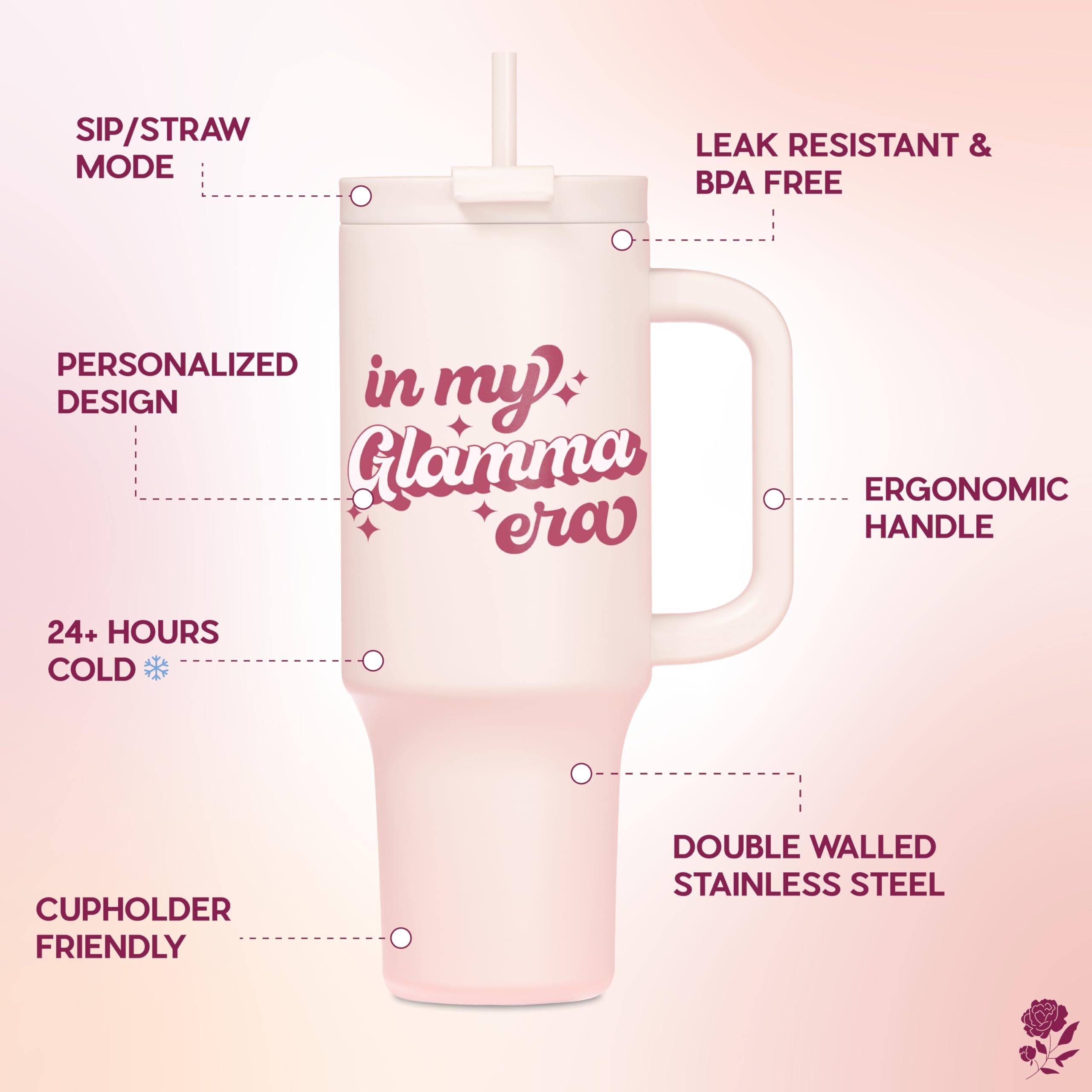 Violet & Gale Glamma Gifts For Grandma - Retro Collection - 40Oz Insulated Tumbler With Handle, First Time Grandma Gift, New Gra
