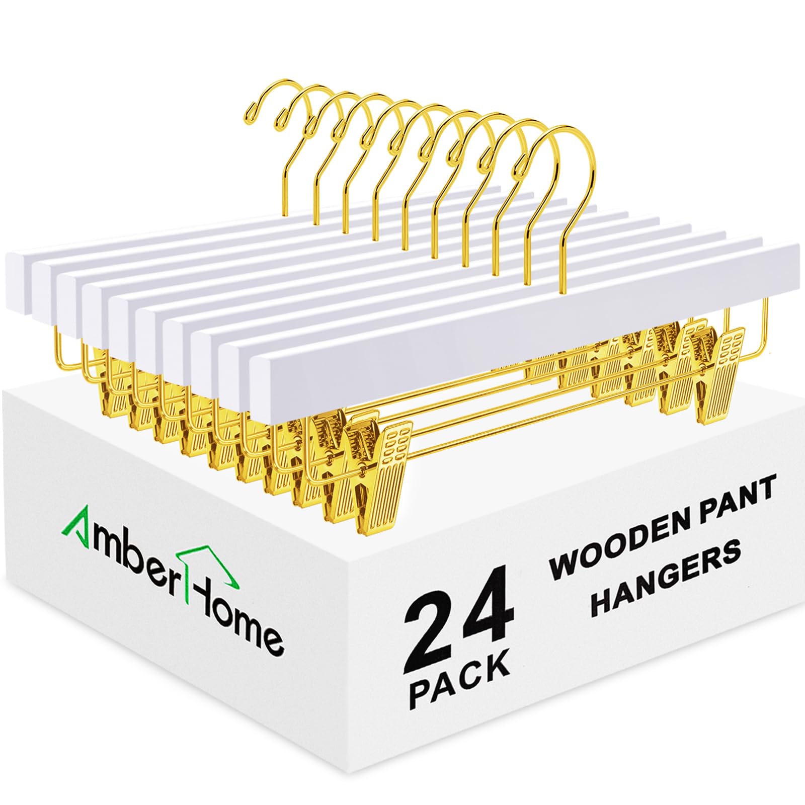 Amber Home White Wooden Pants Skirts Hangers 24 Pack  Solid Wood Trousers Bottom Hanger with 2-Adjustable Gold Clips  Clips Hangers for Slacks  Jeans  Shorts (White + Gold  24)