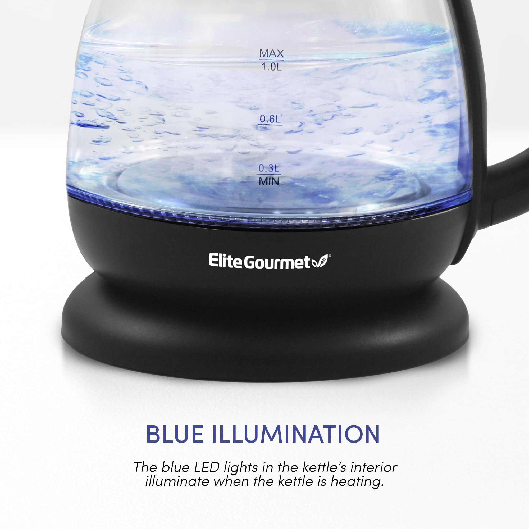 Elite Gourmet Ekt1001 Electric 1.0L Bpa-Free 1100W Glass Kettle Cordless 360 Base, Stylish Blue Led Interior, Handy Auto Shut-Of