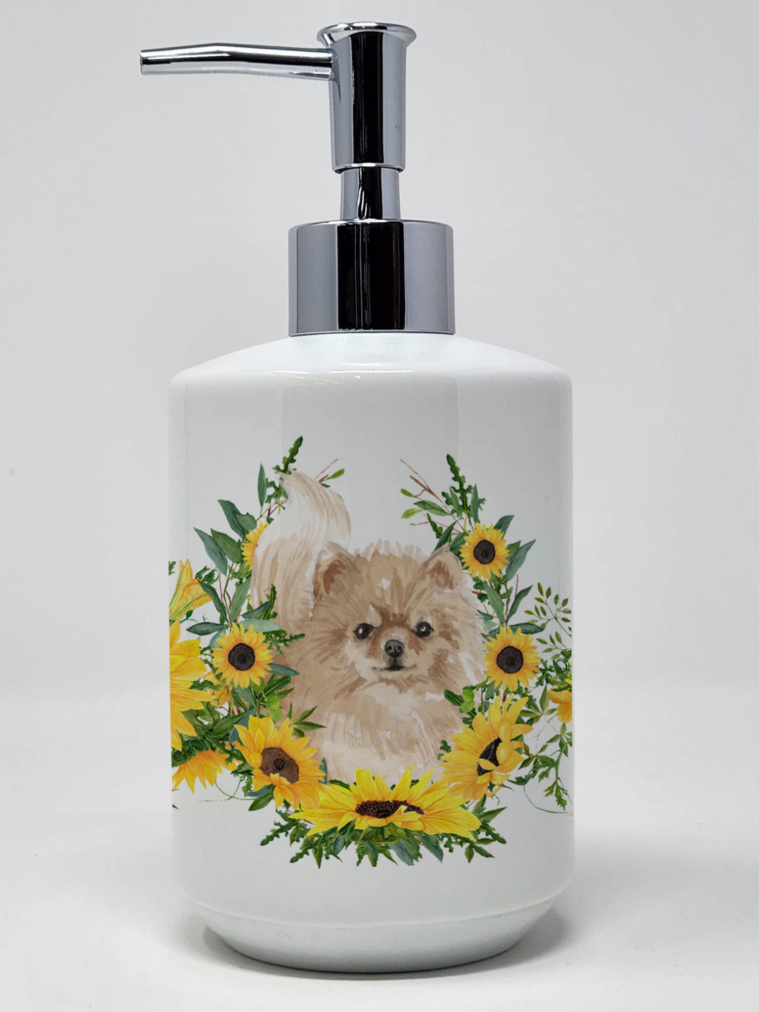 Caroline'S Treasures Ck2932Soap Pomeranian In Sunflowers Ceramic Soap Dispenser Hand Soap Dispenser Pump Bottles For Bathroom Ki