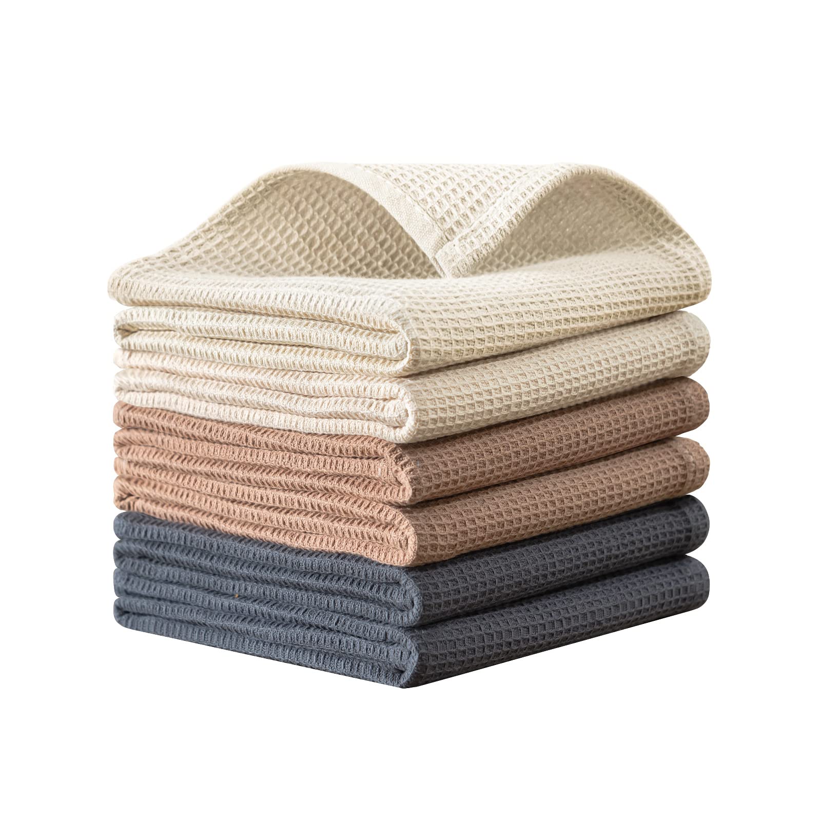 Quiltina Cotton Waffle Weave Dish Towels Set, 17 X 25 Inches, 6 Pack, Beige, Brown, Dark Grey