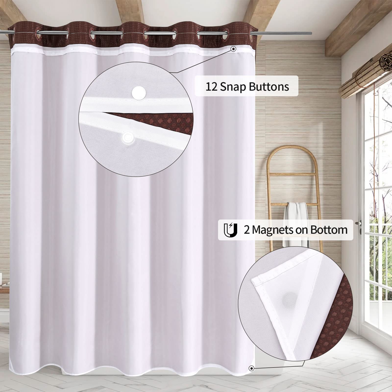 Mitovilla Brown Waffle Long Shower Curtain 72 X 80, No Hooks Needed 80 Inch Long Heavyweight Fabric Shower Curtain Set With Snap