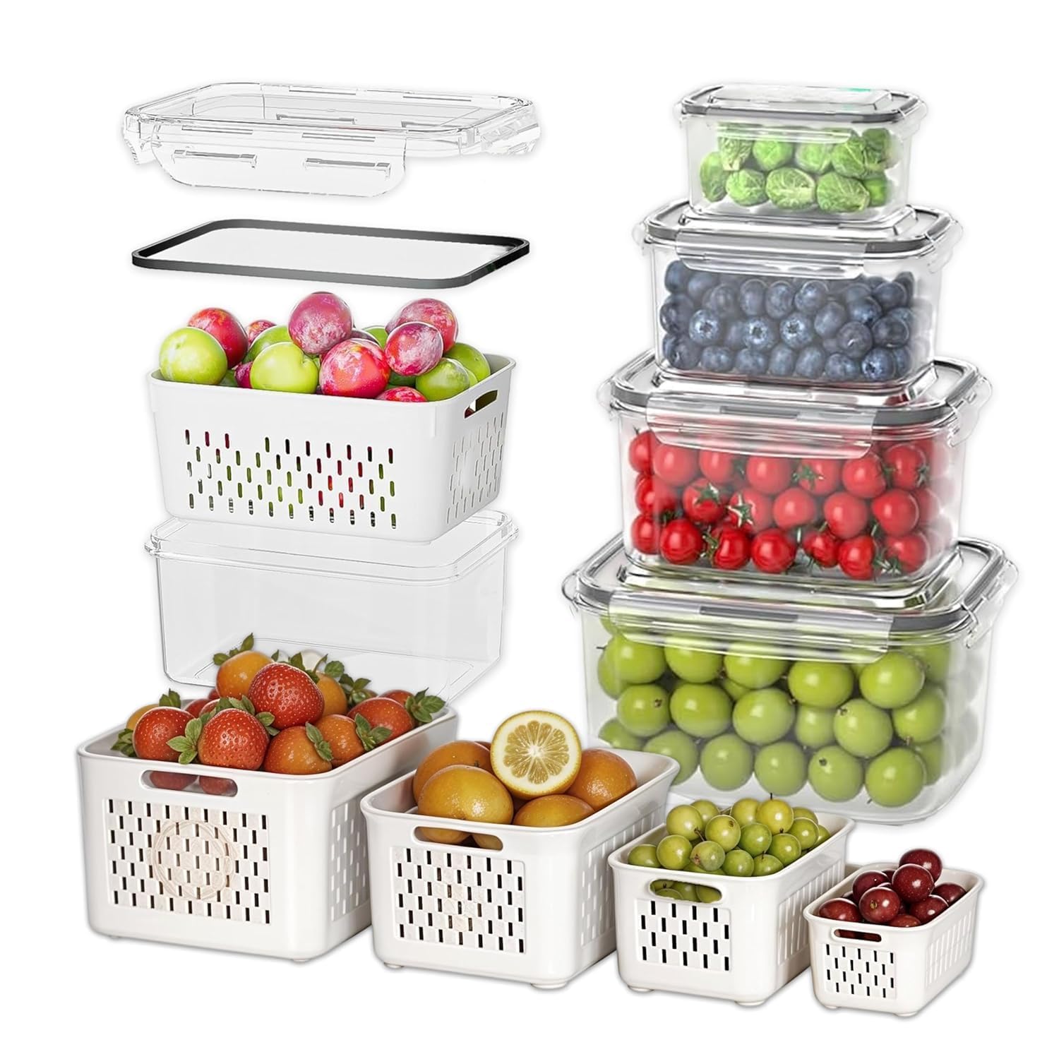 Fridge Storage Containers Set Of 4 With Drain Basket, Bpa Free Plastic Vegetable & Fruit Storage Box, Stackable Refrigerator Org