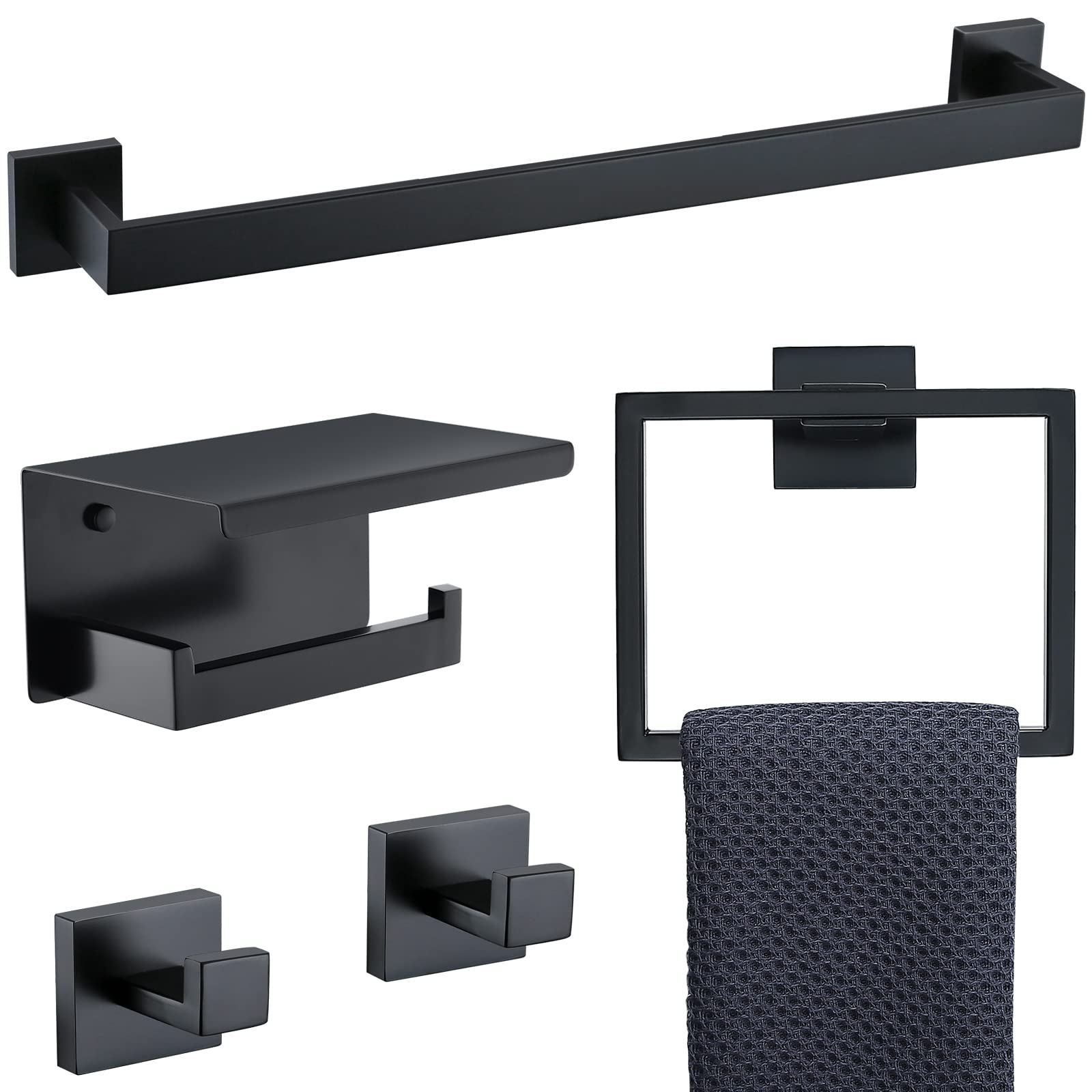 TNOMS Black Towel Bar Set 5-Piece Bathroom Hardware Set Including 23.6 Inch Towel Bar,Towel Ring Towel Hook and Toilet Paper Hol