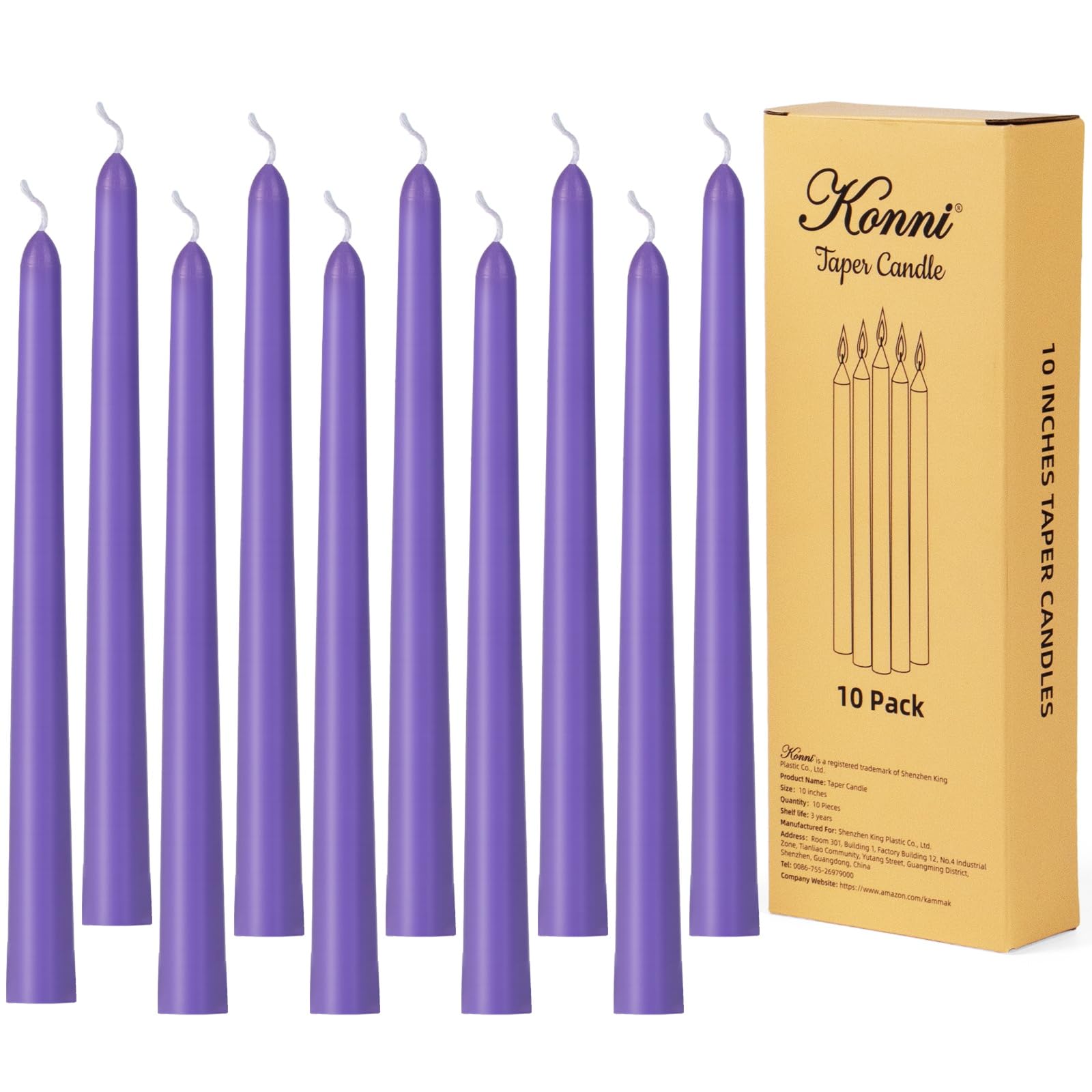 KONNI 0.87  10 Inch Violet Taper Candles, Unscented and Smokeless Tall Candlesticks, 10 Pack Tapered Candles with Cotton Wicks, 