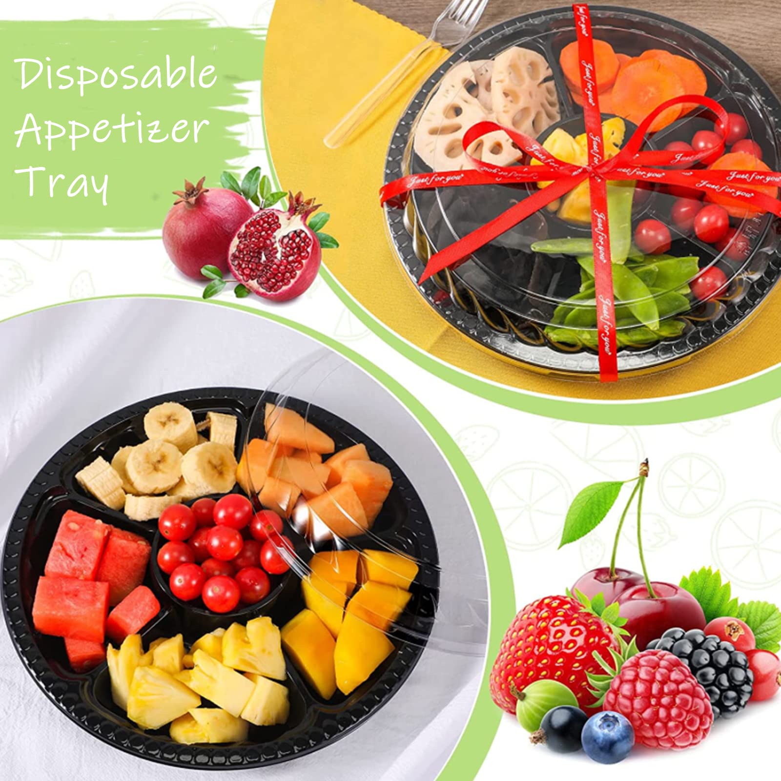 Lyellfe 30 Pack Plastic Appetizer Tray With Lid, Disposable Fruit Veggie Tray With 6 Compartment, 10.5 Inch Heavy Duty Snack Ser