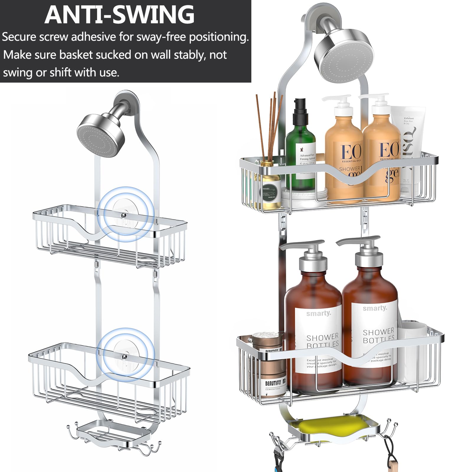 Kadolina Hanging Shower Caddy, Over Head Shower Caddy Shower Organizer Rack Basket With Soap Dish, Hooks For Razor And Sponge (B