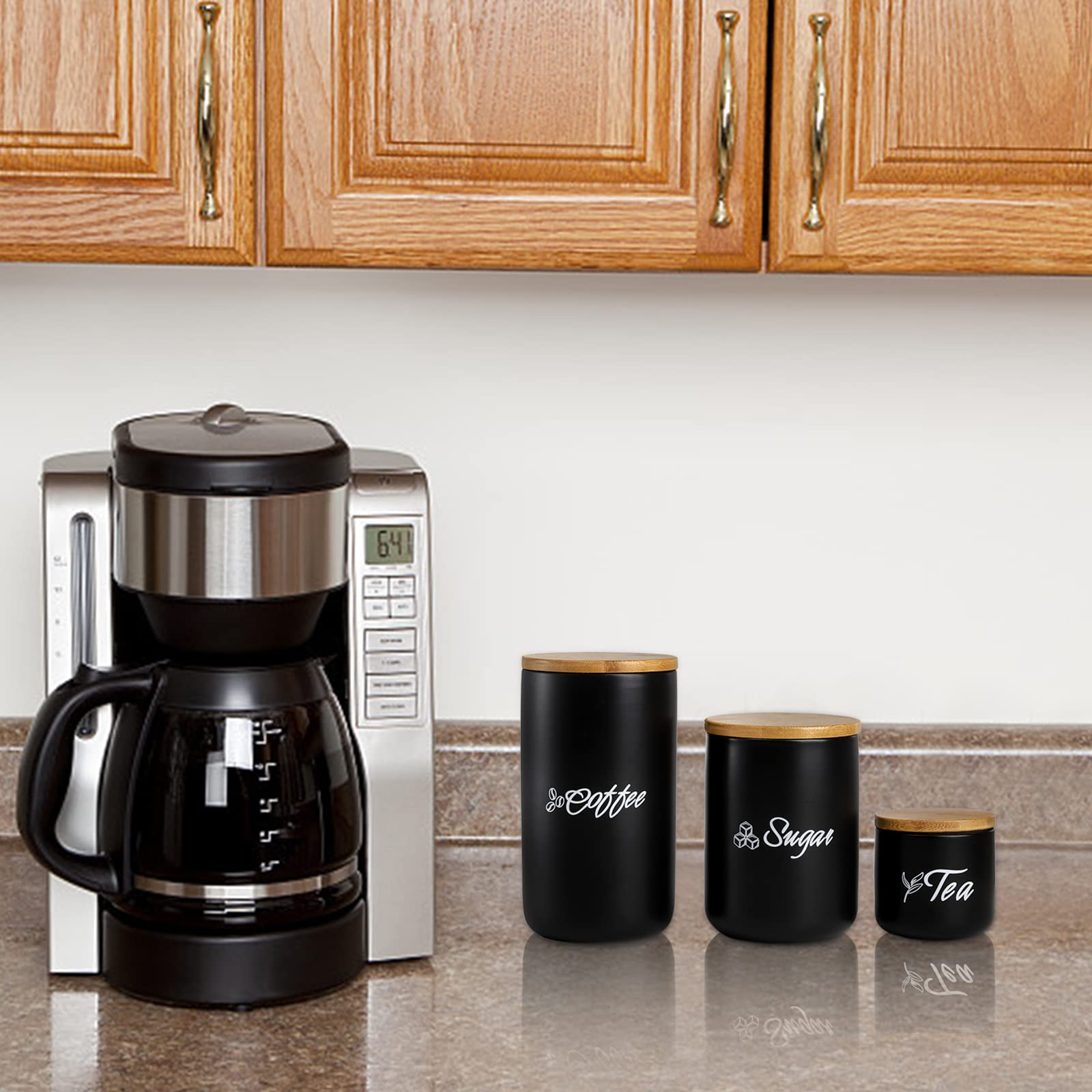 Topzea Set Of 3 Black Kitchen Canisters, Ceramic Coffee Sugar Tea Canisters Cylinder Set With Bamboo Lid Airtight Containers, Ki