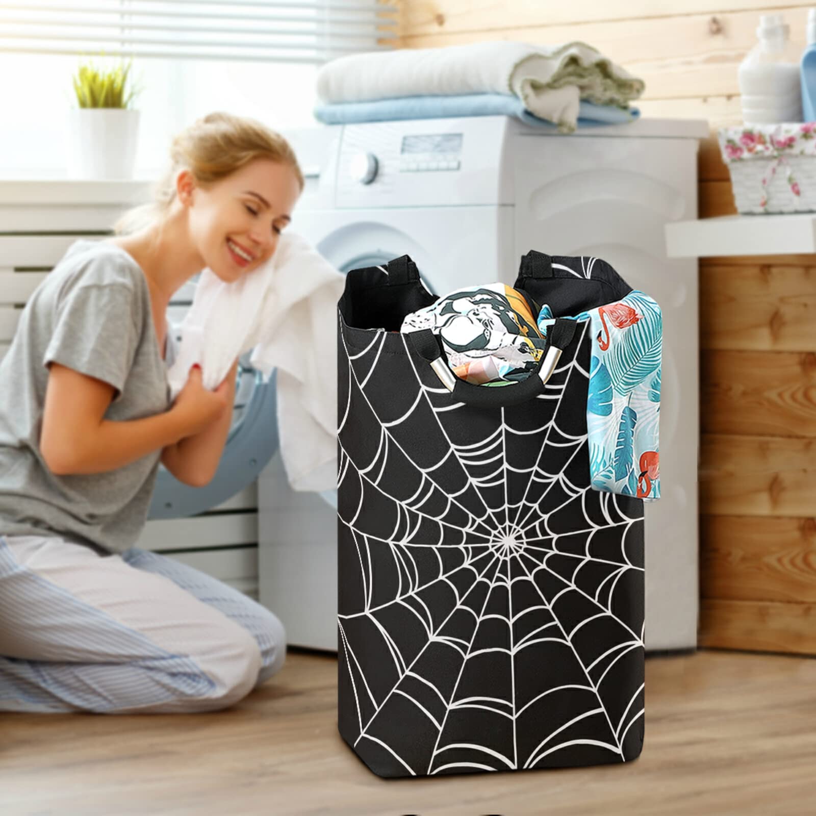 Xuwu 50L Laundry Basket Halloween Spider Foldable Laundry Hamper With Padded Handles Waterproof Durable Clothes Hamper Storage B