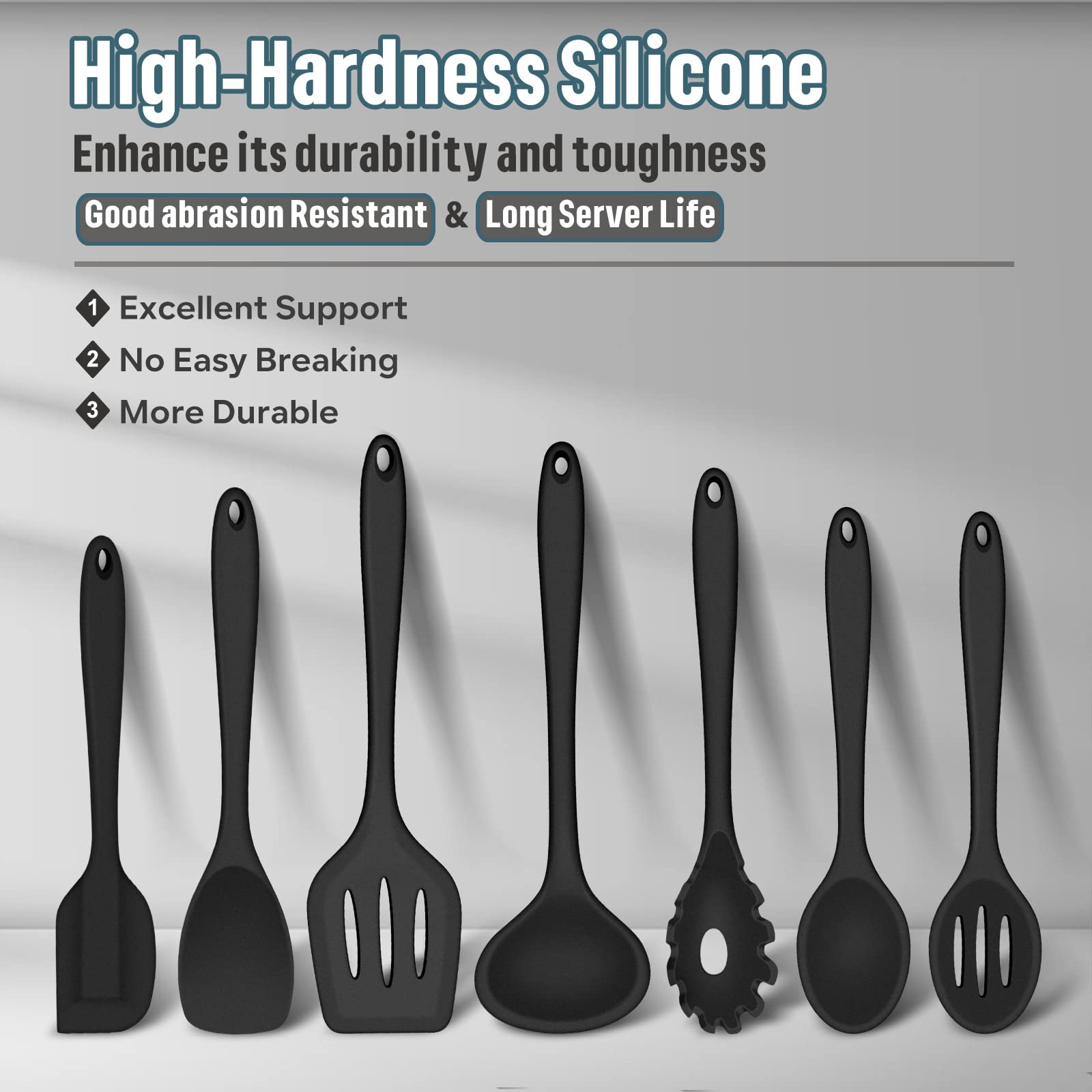 E-Far Silicone Cooking Utensils Set, 7-Piece Black Heat Resistant Kitchen Utensils Set, Kitchen Nonstick Tools Spatula Ladle Spo