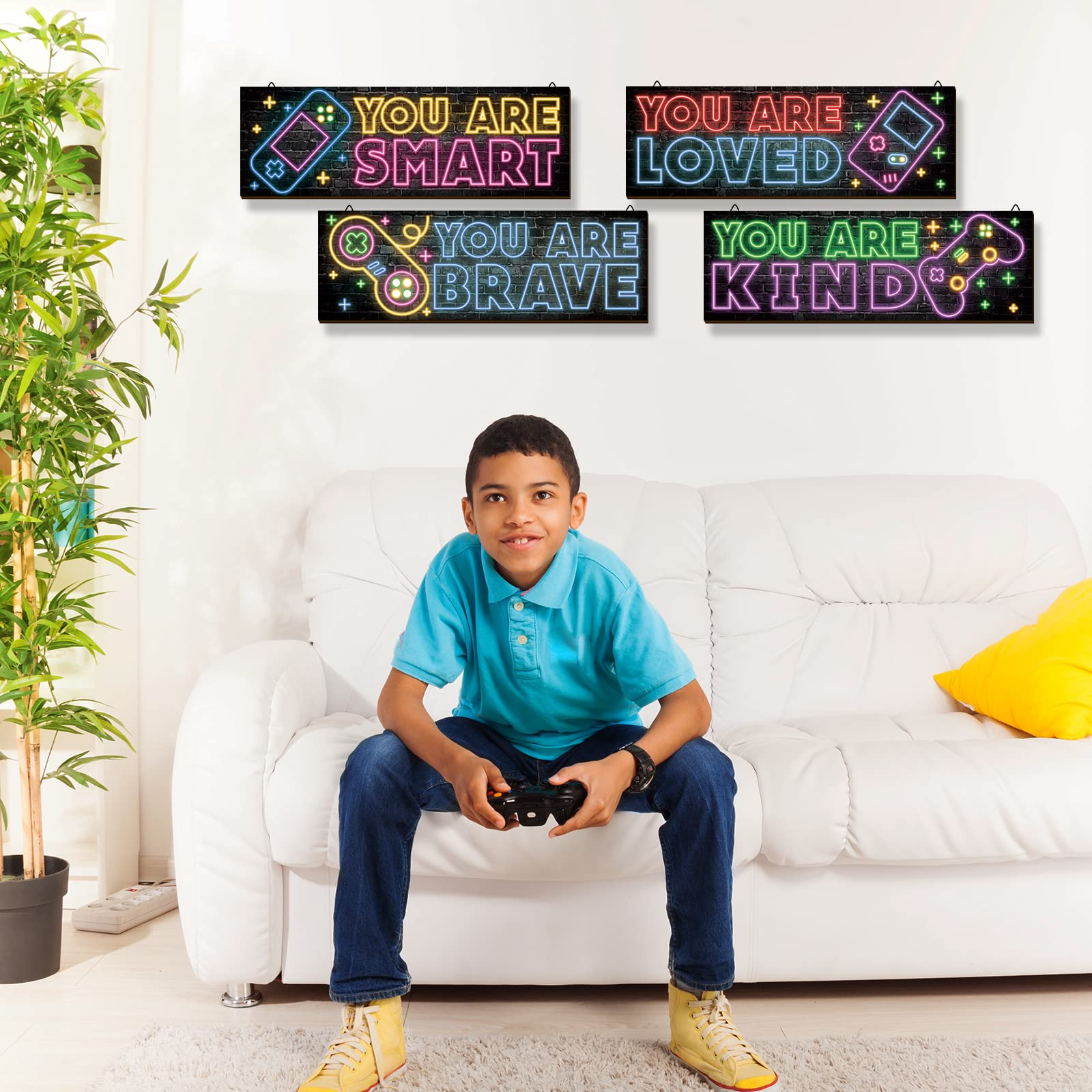 4 Pieces Neon Gaming Decor For Boys Room Wooden Video Game Wall Art Print 11.8 X 3 Inch Motivational Quote Gamer Hanging Plaques