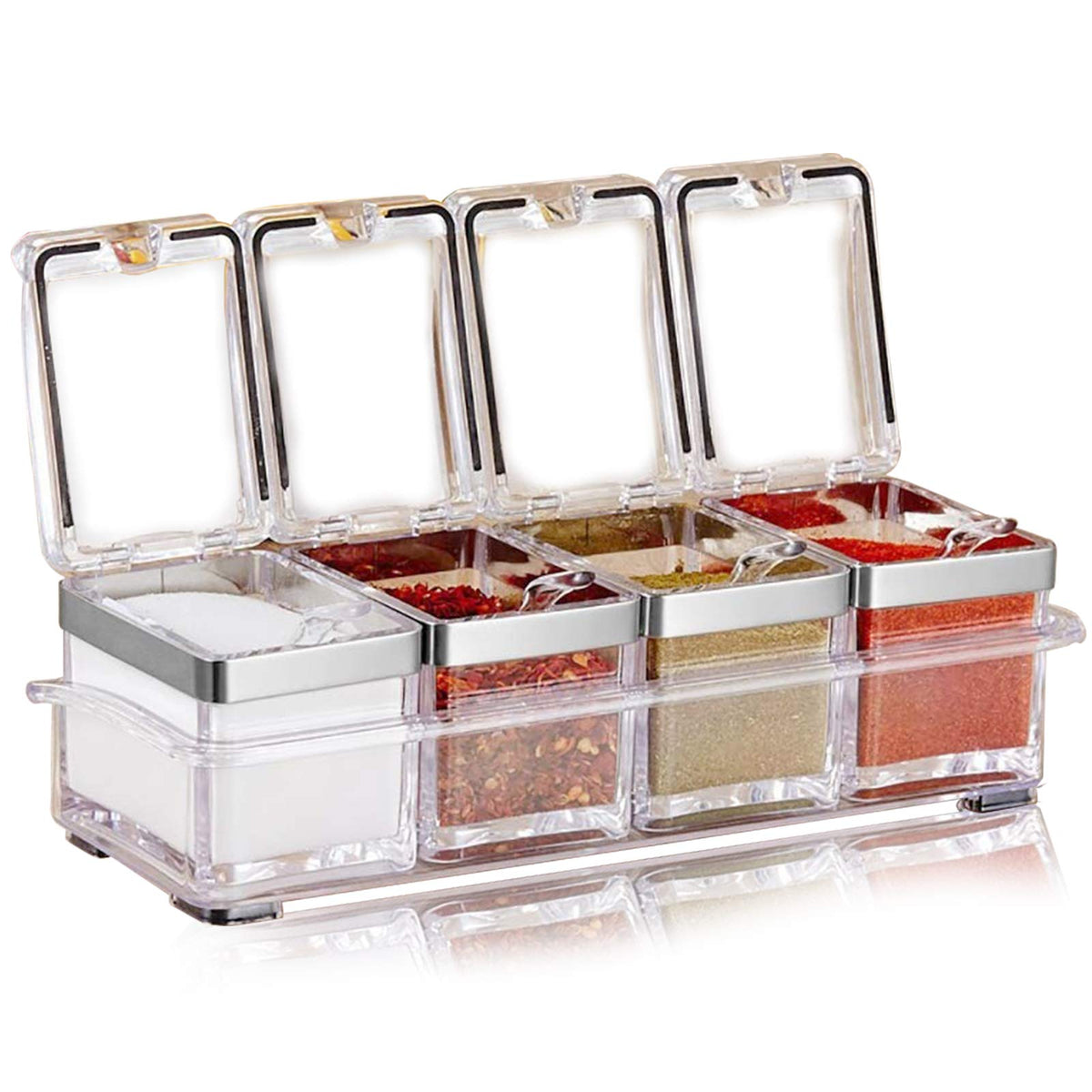 Aogist Kitchen Spice Pots 4 Pieces Clear Seasoning Box, Storage Container Condiment Jars Acrylic Seasoning Box with Cover and Sp