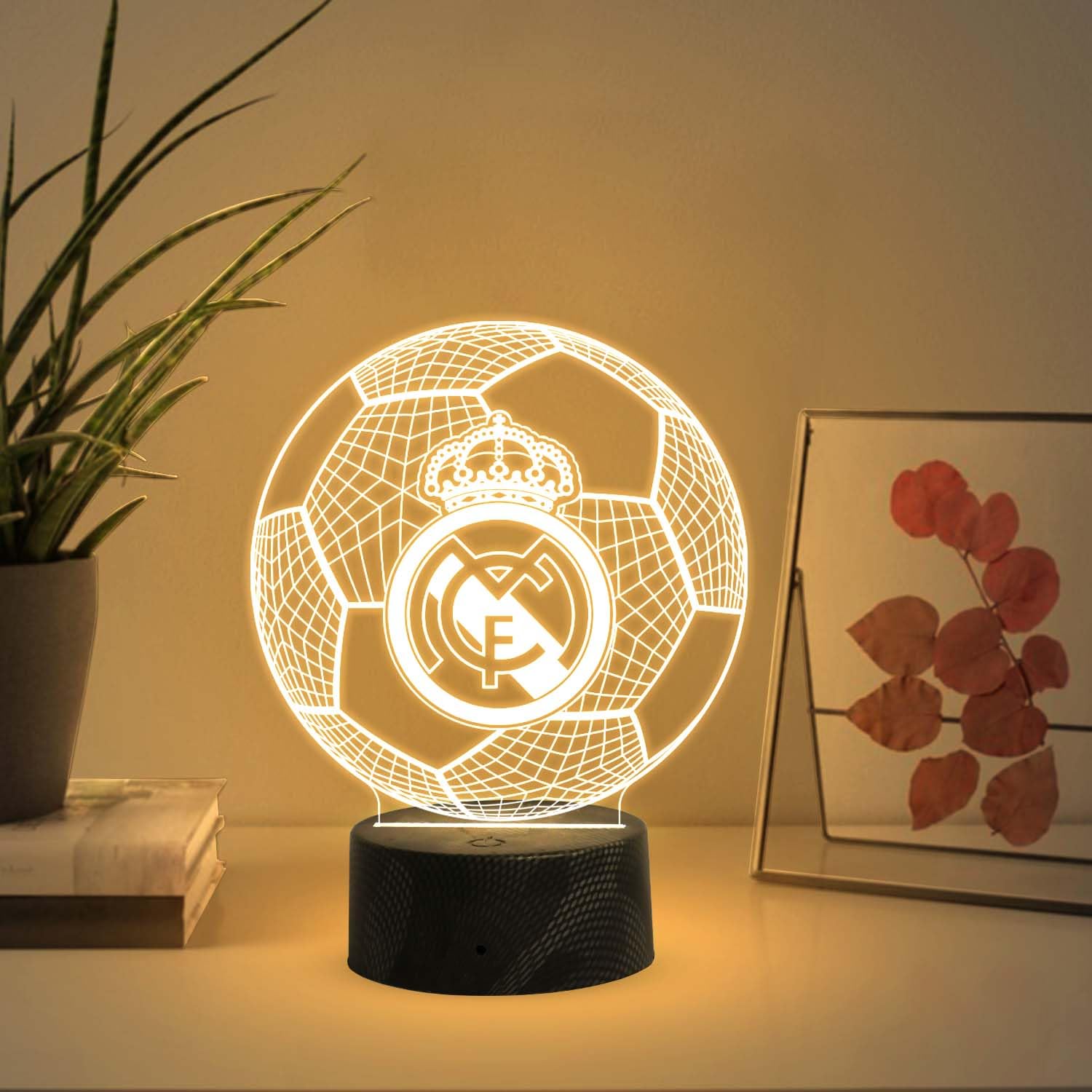 Giftmebazar 3D Illusion Football Desk Table Lamp Real Madrid Night Lamp | Warm White Light & Usb Powered | Bedside Table Lamp | 