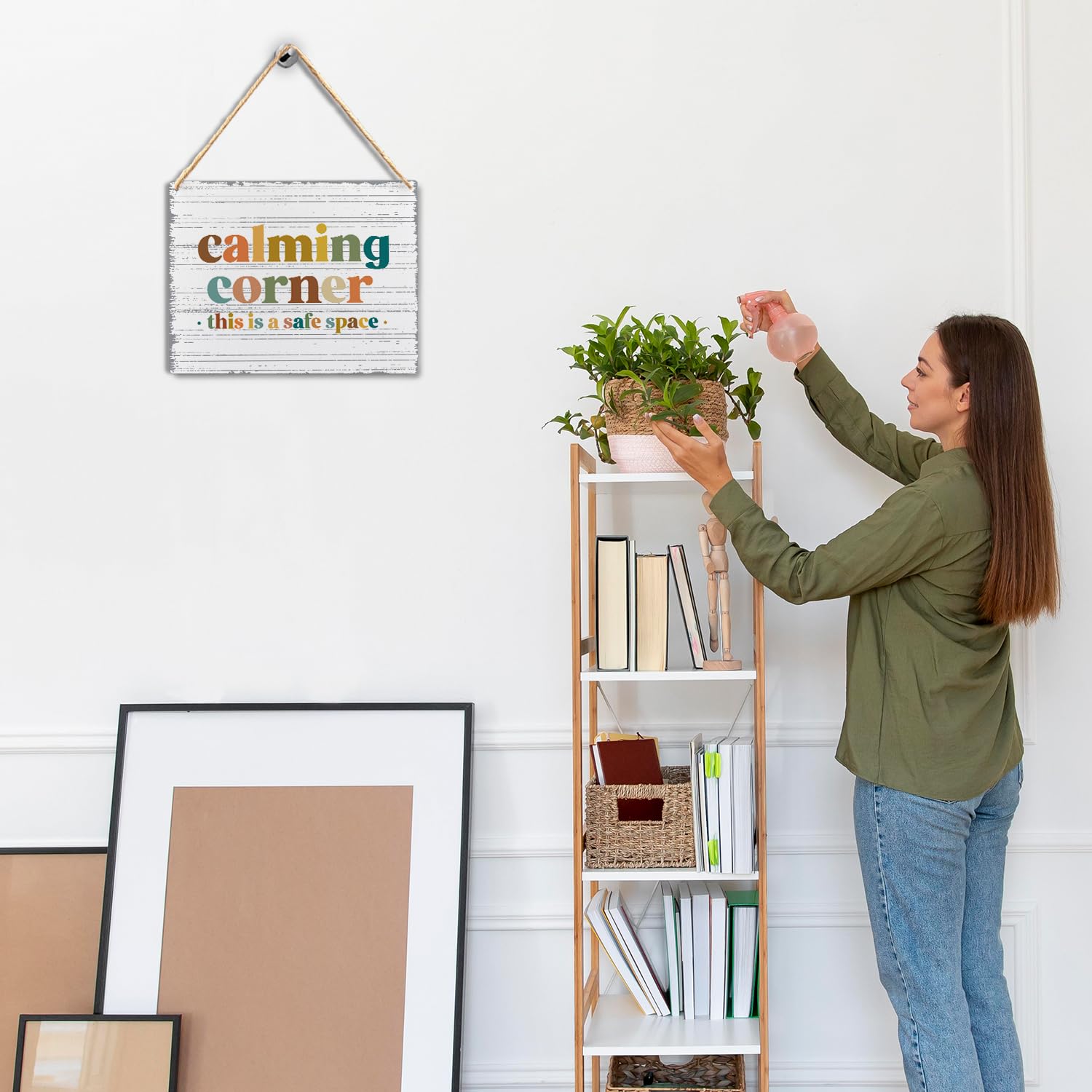 Absnfatu Calming Corner Hanging Wood Sign - Safe Space Classroom, School Counselor s Office, Calm Down Corner Decor - Boho Style