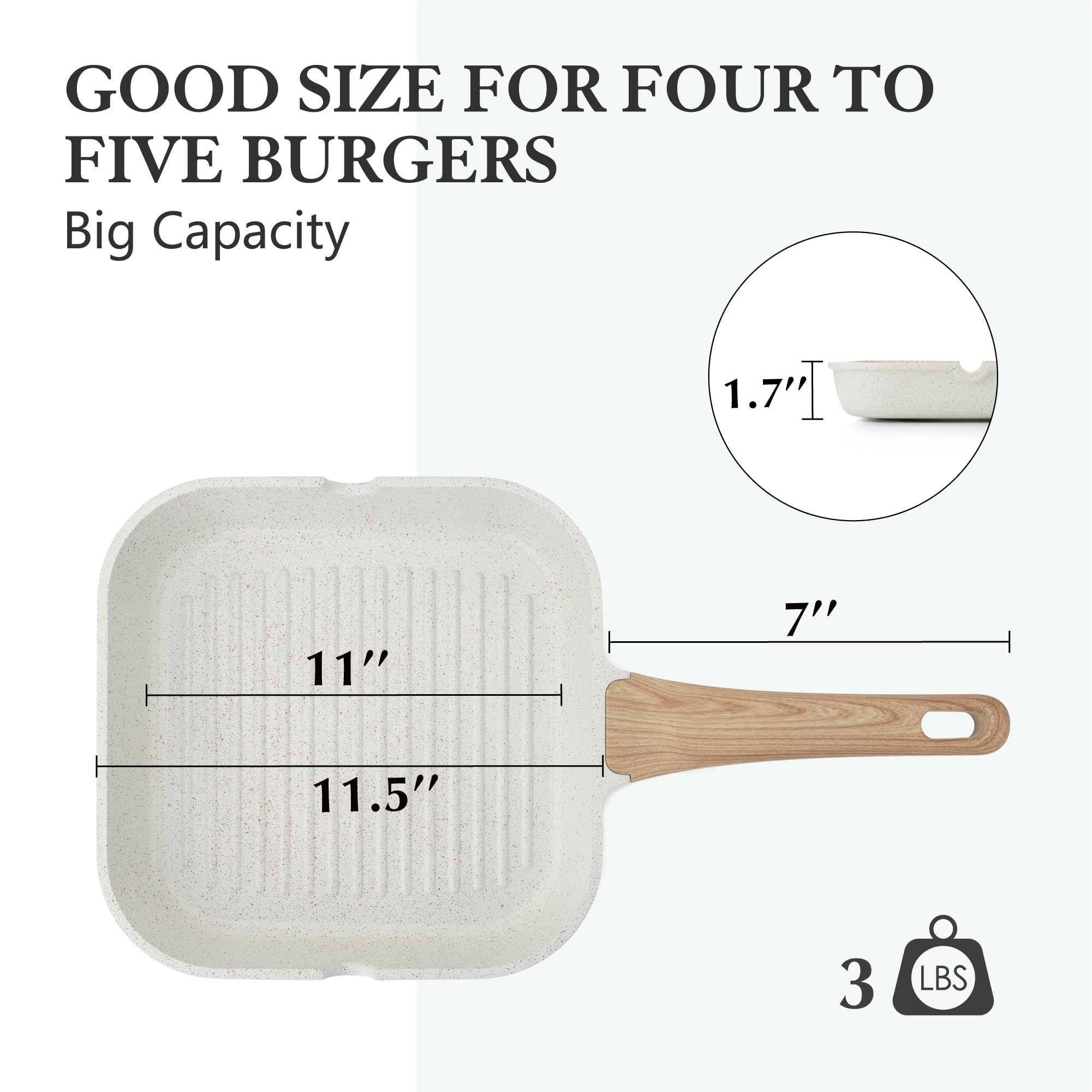 Sensarte Nonstick Ceramic Grill Pan For Stove Tops, Versatile Square Grilling Pan With Pour Spouts, Durable Grill Skillet For Al