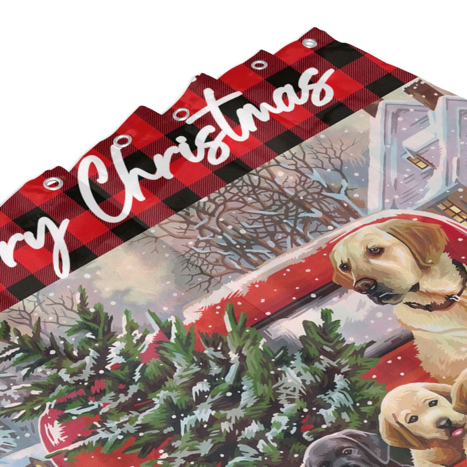 Jbralid Christmas Shower Curtain Vintage Red Truck With Xmas Tree Cute Dog Kids Shower Curtain Buffalo Check Plaid Waterproof Ba
