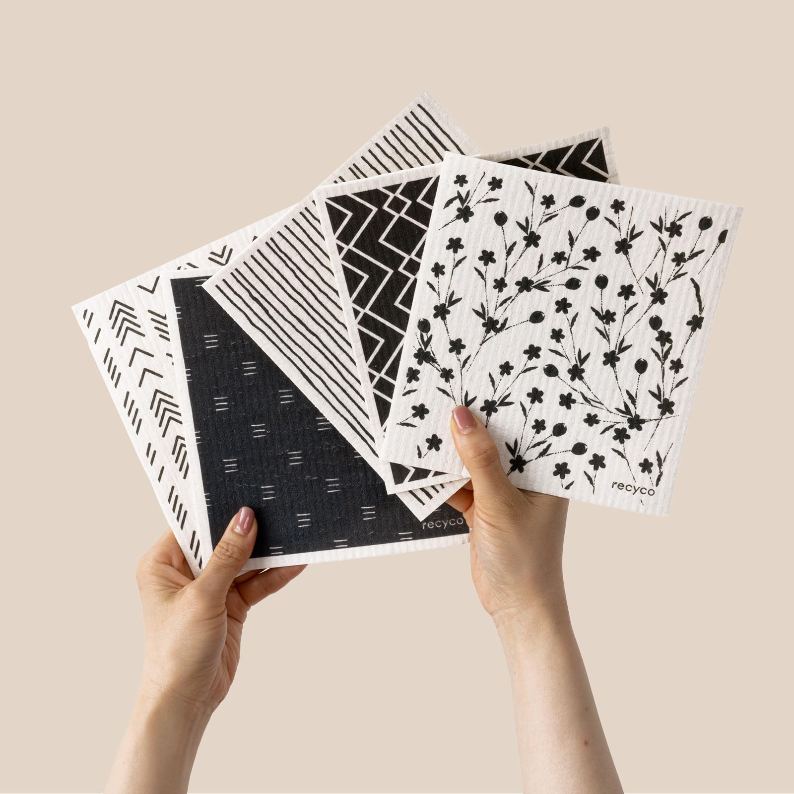 RECYCO Swedish Dishcloths for Kitchen | 5 Pack Geometric Washable Dish Rags | Cellulose Reusable Cleaning Paper Towels | Absorbe