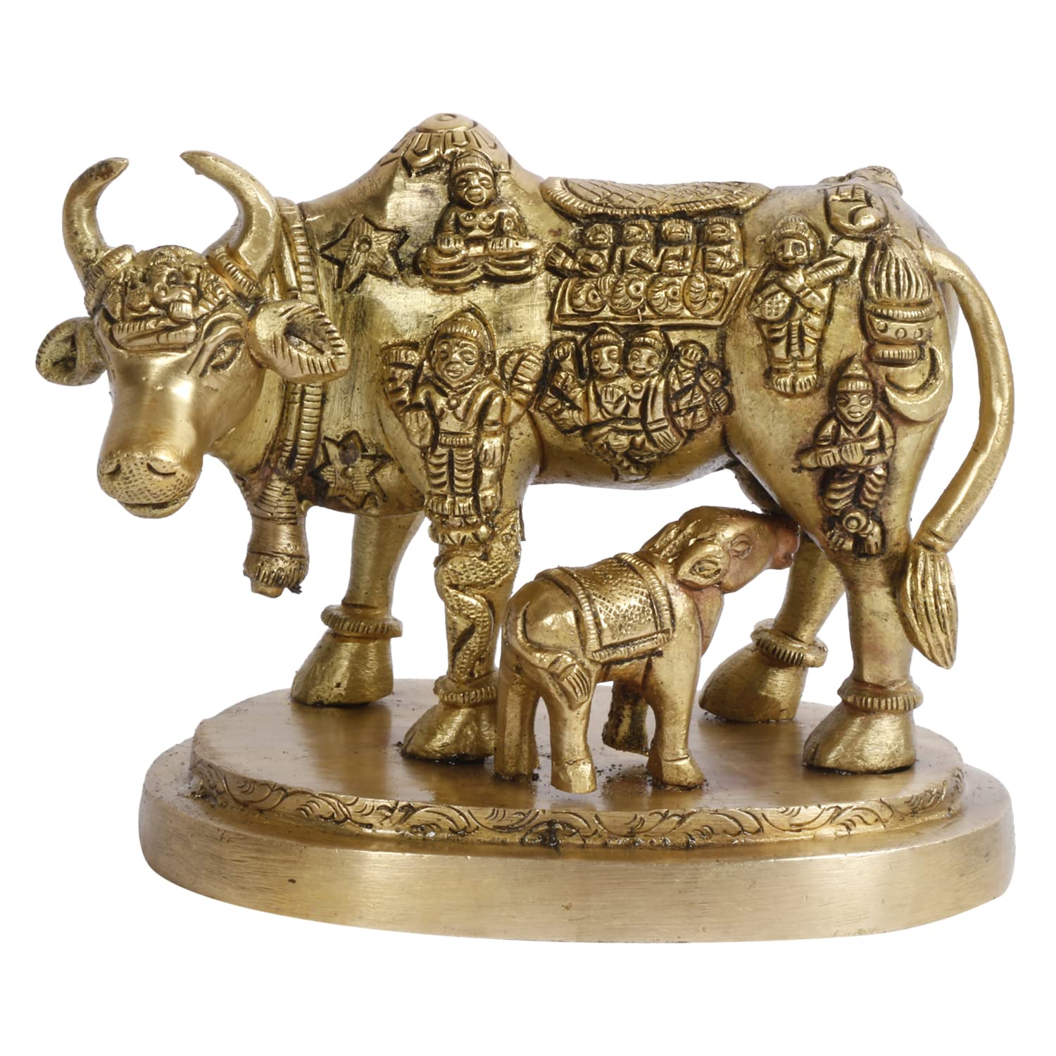 Artvarko Cow And Calf Statue Brass Kamdhenu Vastu Devta Carving On Gau Mata Idol, Vastu Nandi Pooja Figurine Sculpture, For Home