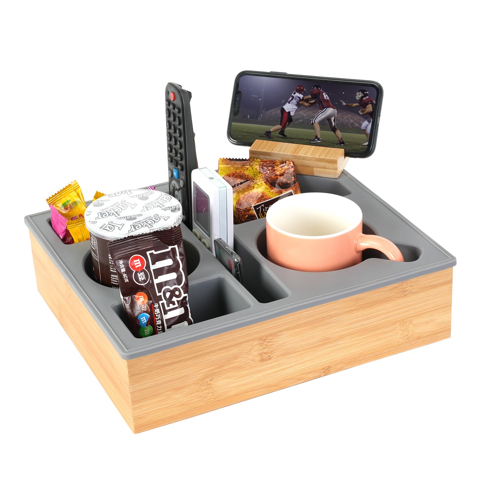 Hitseon Couch Cup Holder Tray, Handy Silicone Bamboo Couch Caddy With Rotatable Phone Holder For Bed Car Seat Organizer, Waterpr