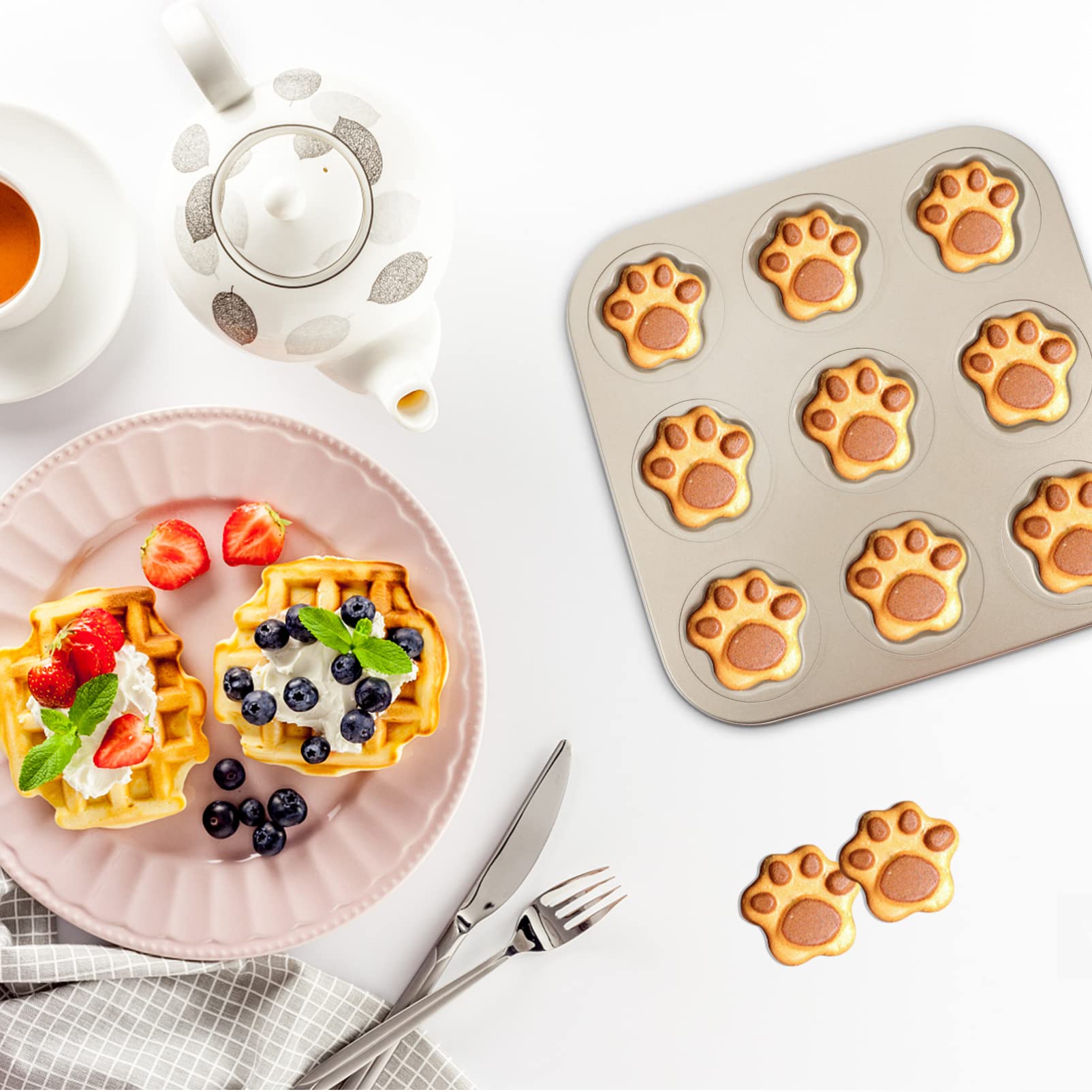 Luxshiny Round Cake Pans Muffin Pan 9 Cup Cat Paw Shaped Cupcake Baking Pan Non-Stick Mini Fondant Pans Steel Cookies Molds Muff
