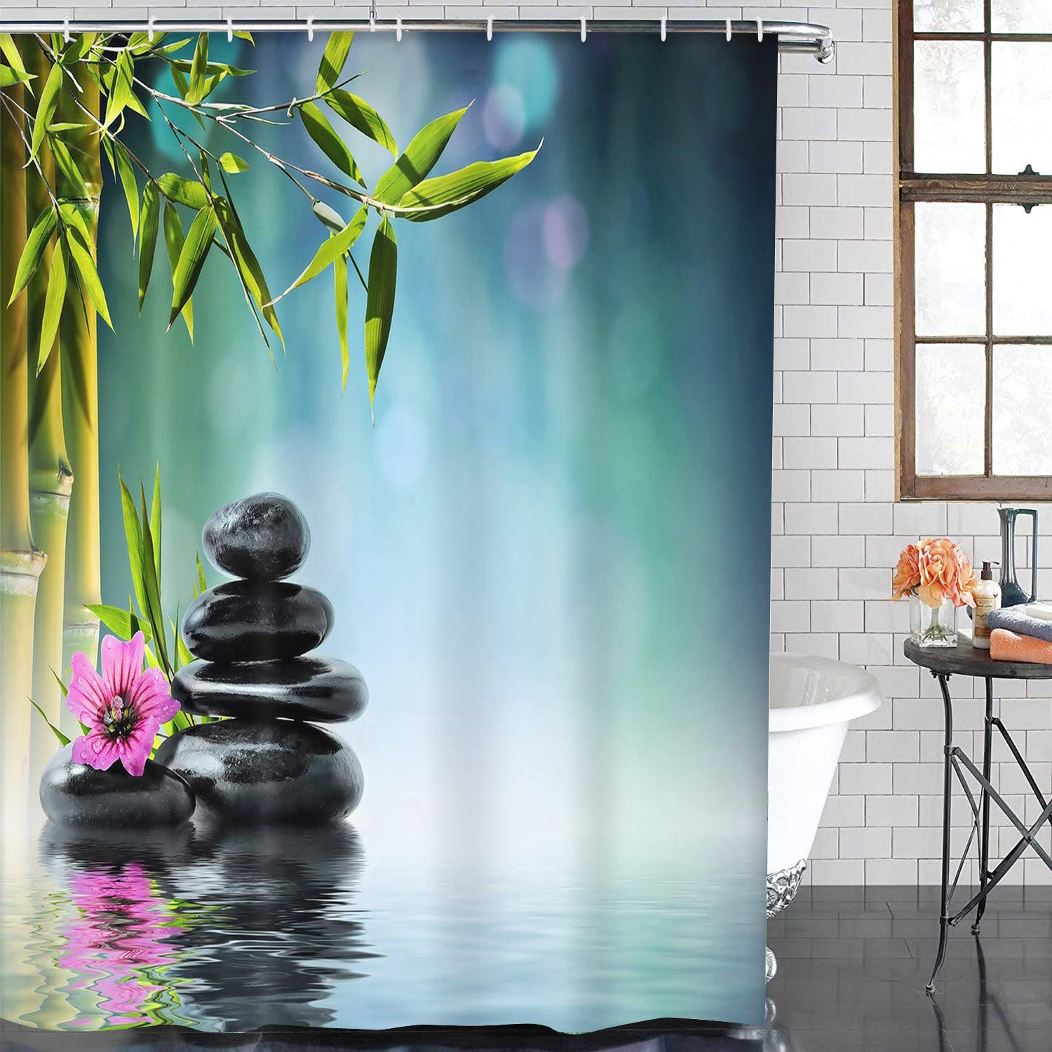 Artsocket 4 Pcs Shower Curtain Set Tower Black Stone Hibiscus Bamboo Water Beautiful Flora With Non-Slip Rugs Toilet Lid Cover A