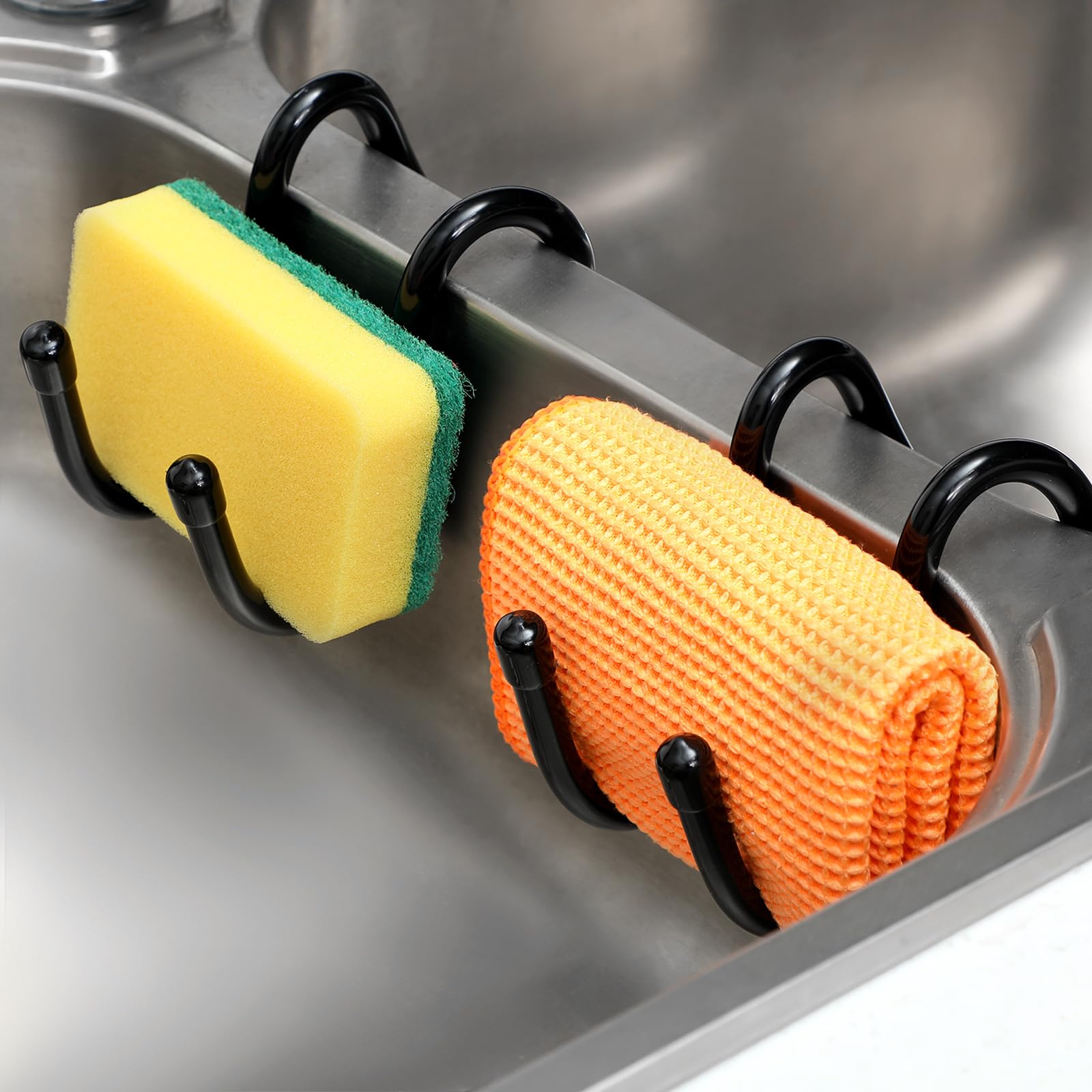 Tiangrid 2 Pcs Adjustable Sling Sponge Holder for Kitchen Sink Hanging Single Sided Sponge Holder Flexible Black Caddy Sink Orga