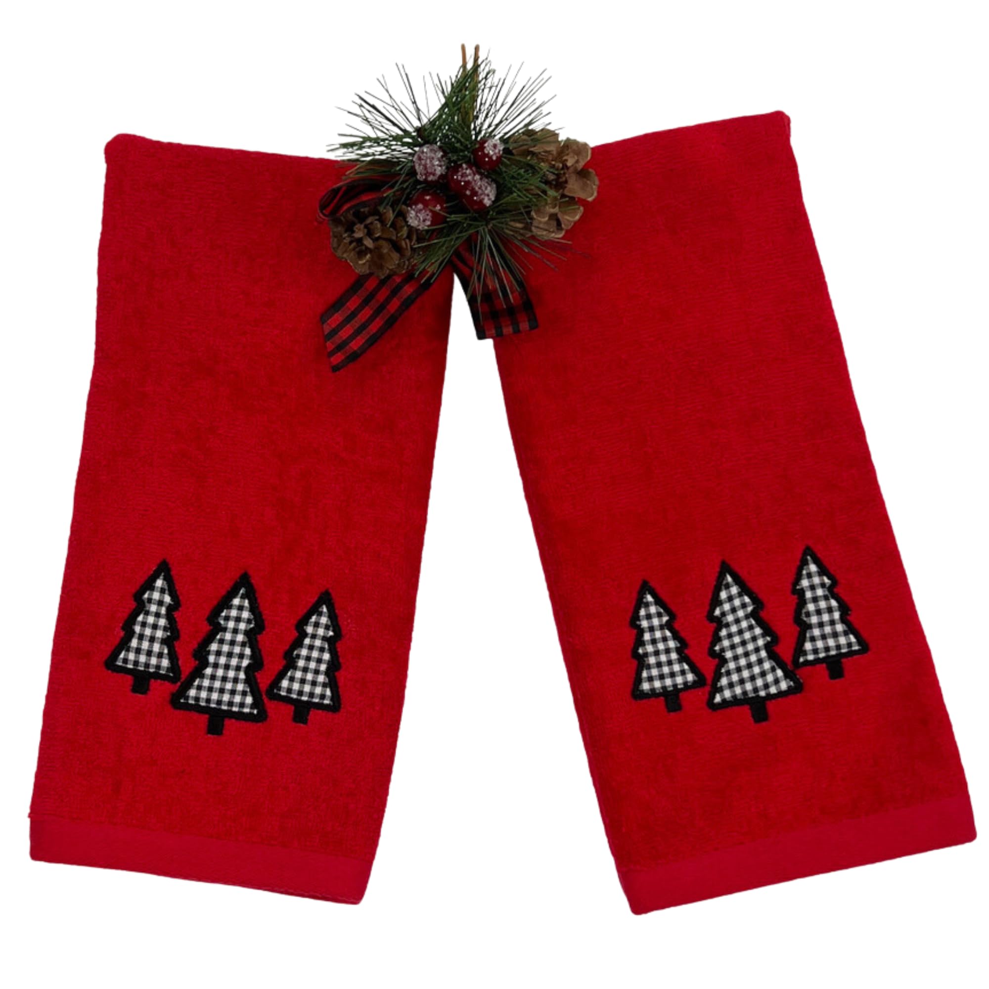 Serafina Home Holiday Christmas Guest Hand Towels: Country Farmhouse Red Terrycloth Towels With Check Tree Applique