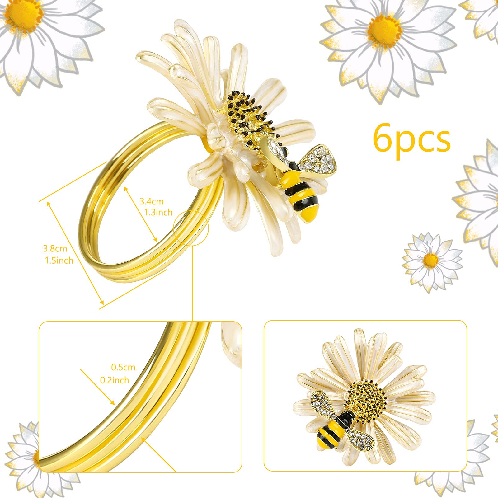 Kesote Daisy Sunflower Napkin Rings Set of 6  Gold Bee Napkin Ring Holders for Formal or Casual Dinning Table Decor
