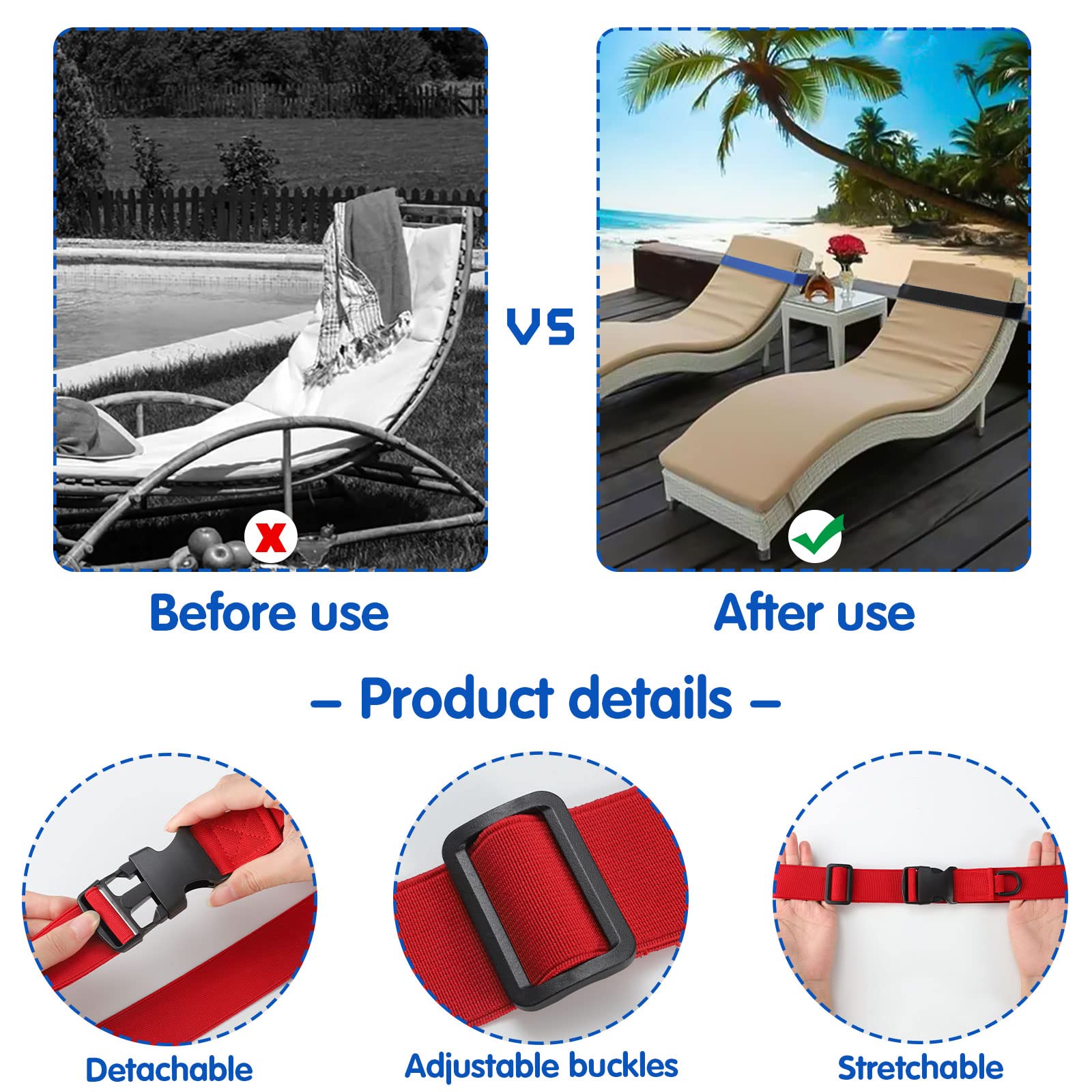 8 Pack Towel Bands Beach Towel Clips, Beach Towel Bands Stretchable Towel Clips For Beach Chairs Cruise Essentials (Buckle Style