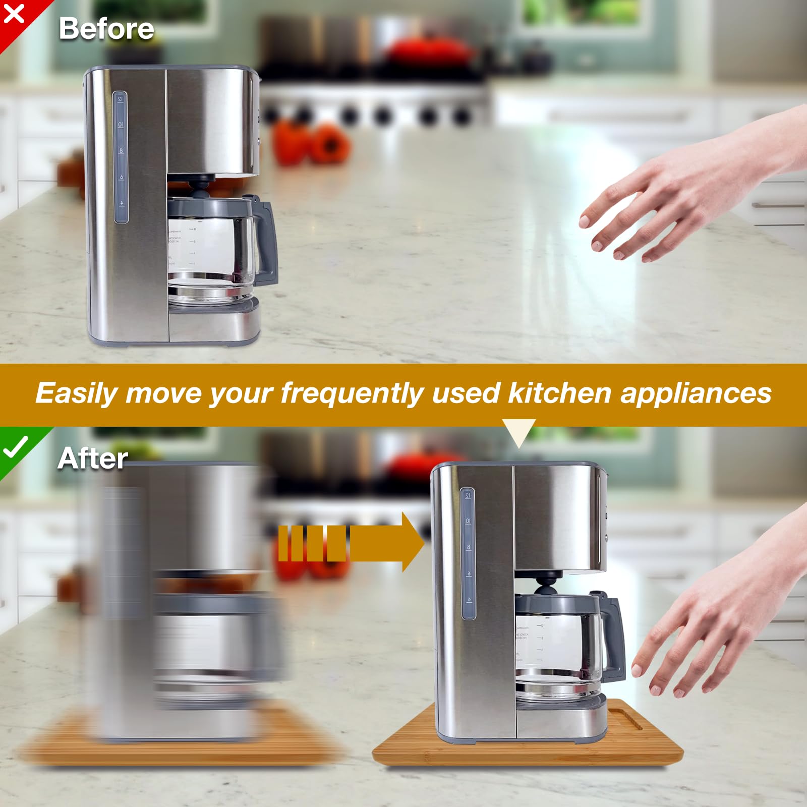 Bayting Bamboo Appliance Sliders For Kitchen Appliances, Sliding Tray With Silent Rubber Wheels For Coffee Maker, Kitchen Counte